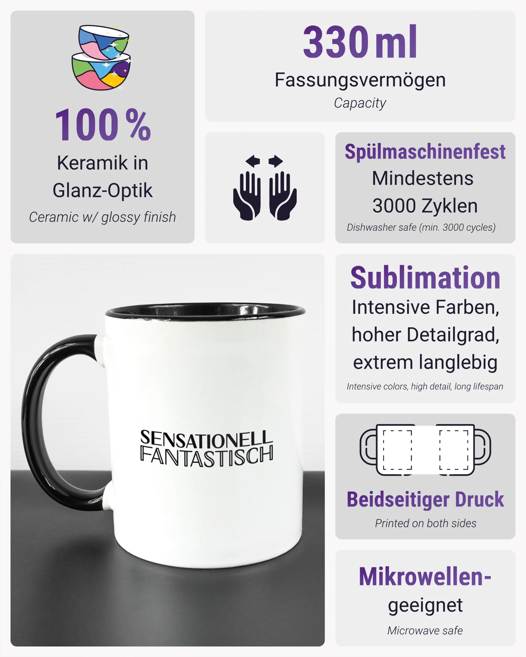 Produktinformationsblatt der beidseitig bedruckten Keramiktasse von Maondo mit dem Design Sensationell in der Farbe Duotone