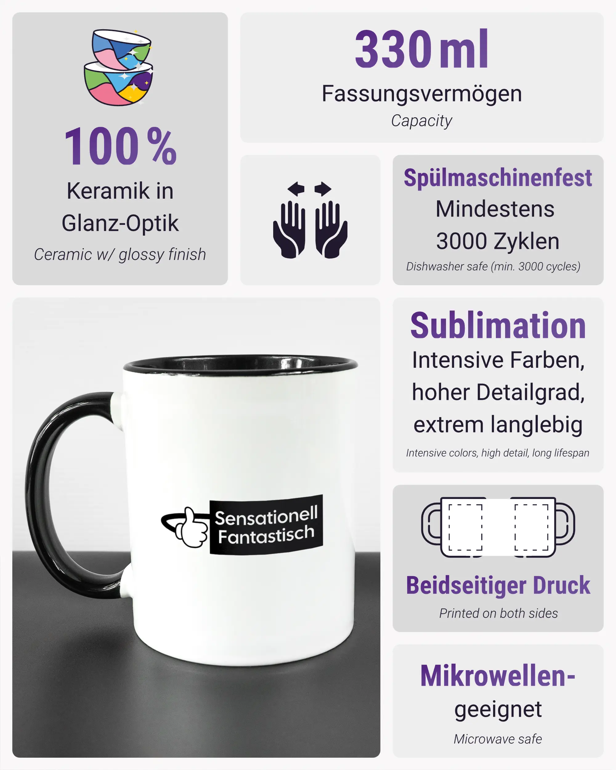 Produktinformationsblatt der beidseitig bedruckten Keramiktasse von Maondo mit dem Design Fantastisch in der Farbe Duotone