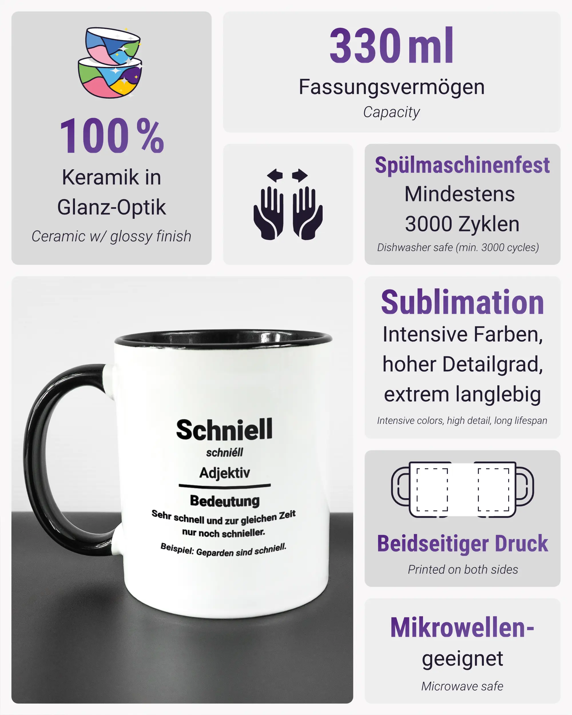 Produktinformationsblatt der beidseitig bedruckten Keramiktasse von Maondo mit dem Design Schniell in der Farbe Duotone