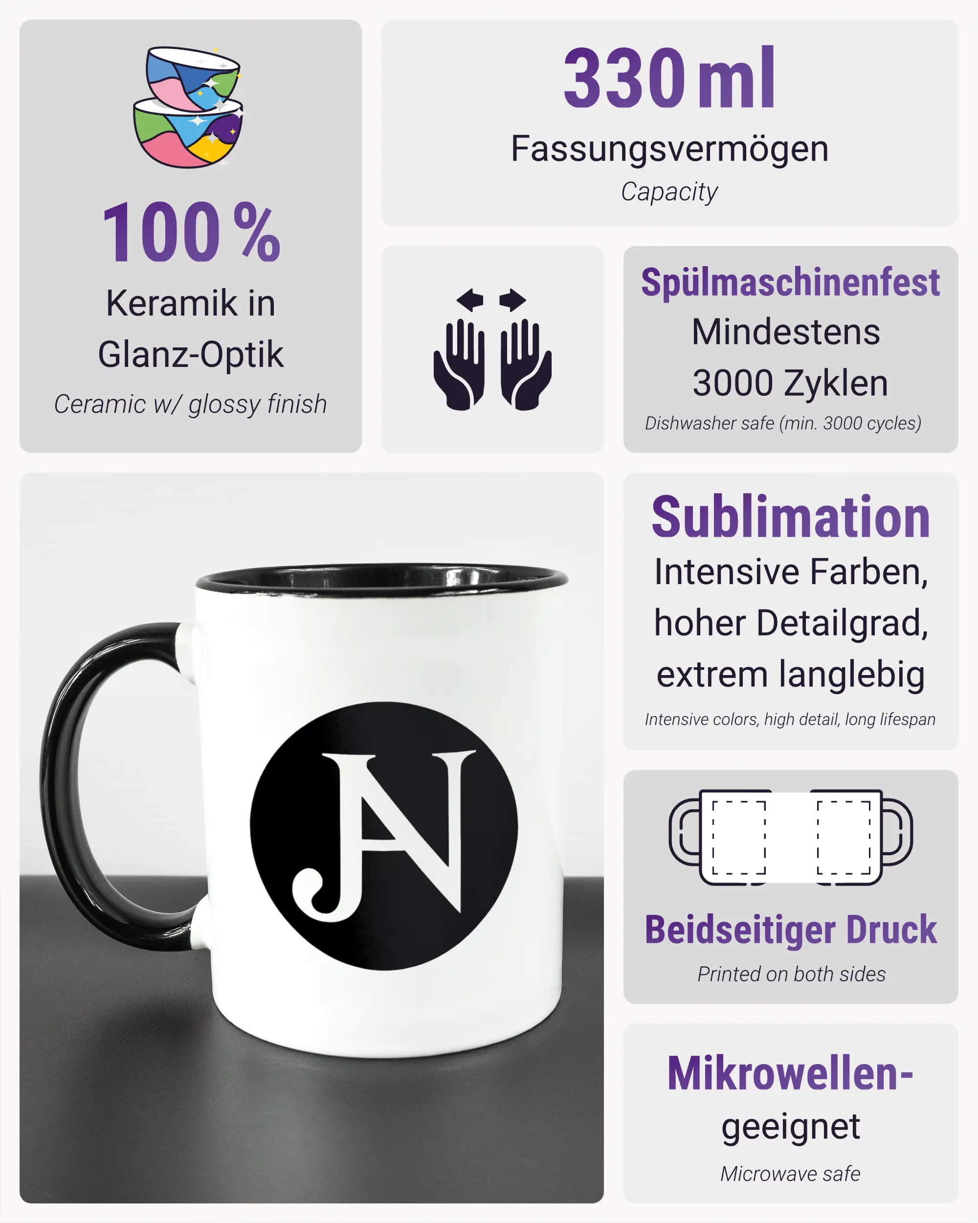 Produktinformationsblatt der beidseitig bedruckten Keramiktasse von Maondo mit dem Design JB1 in der Farbe Duotone