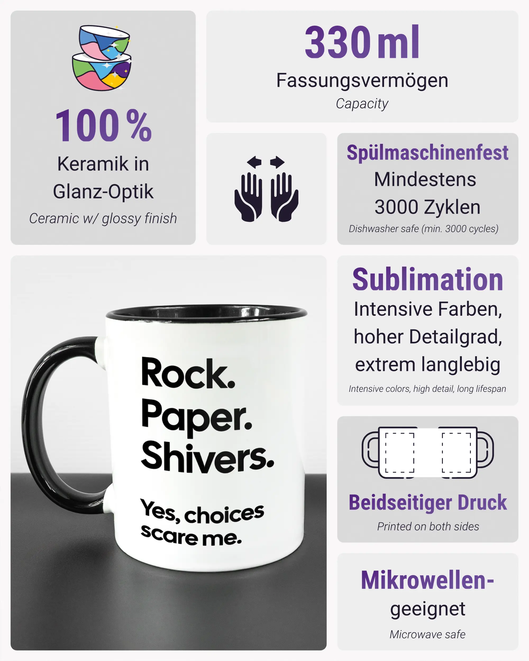 Produktinformationsblatt der beidseitig bedruckten Keramiktasse von Maondo mit dem Design Rock Paper Shivers in der Farbe Duotone