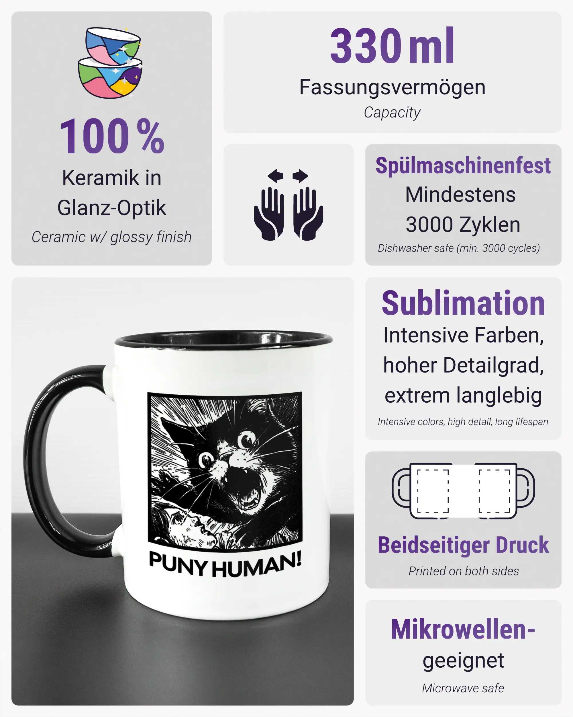 Produktinformationsblatt der beidseitig bedruckten Keramiktasse von Maondo mit dem Design Puny Human in der Farbe Duotone