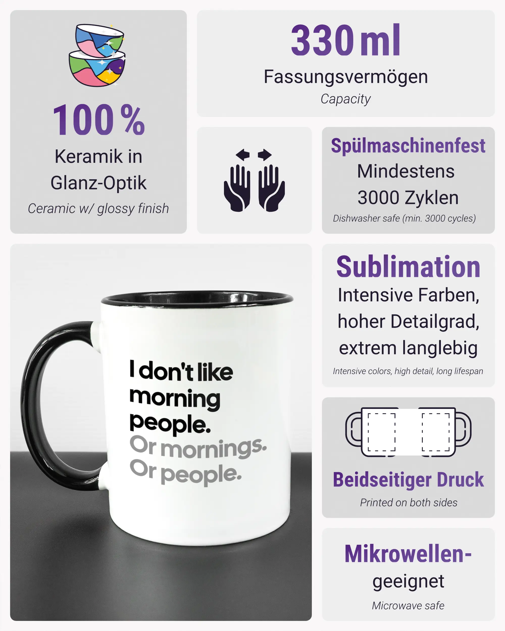 Produktinformationsblatt der beidseitig bedruckten Keramiktasse von Maondo mit dem Design Morning Person in der Farbe Duotone