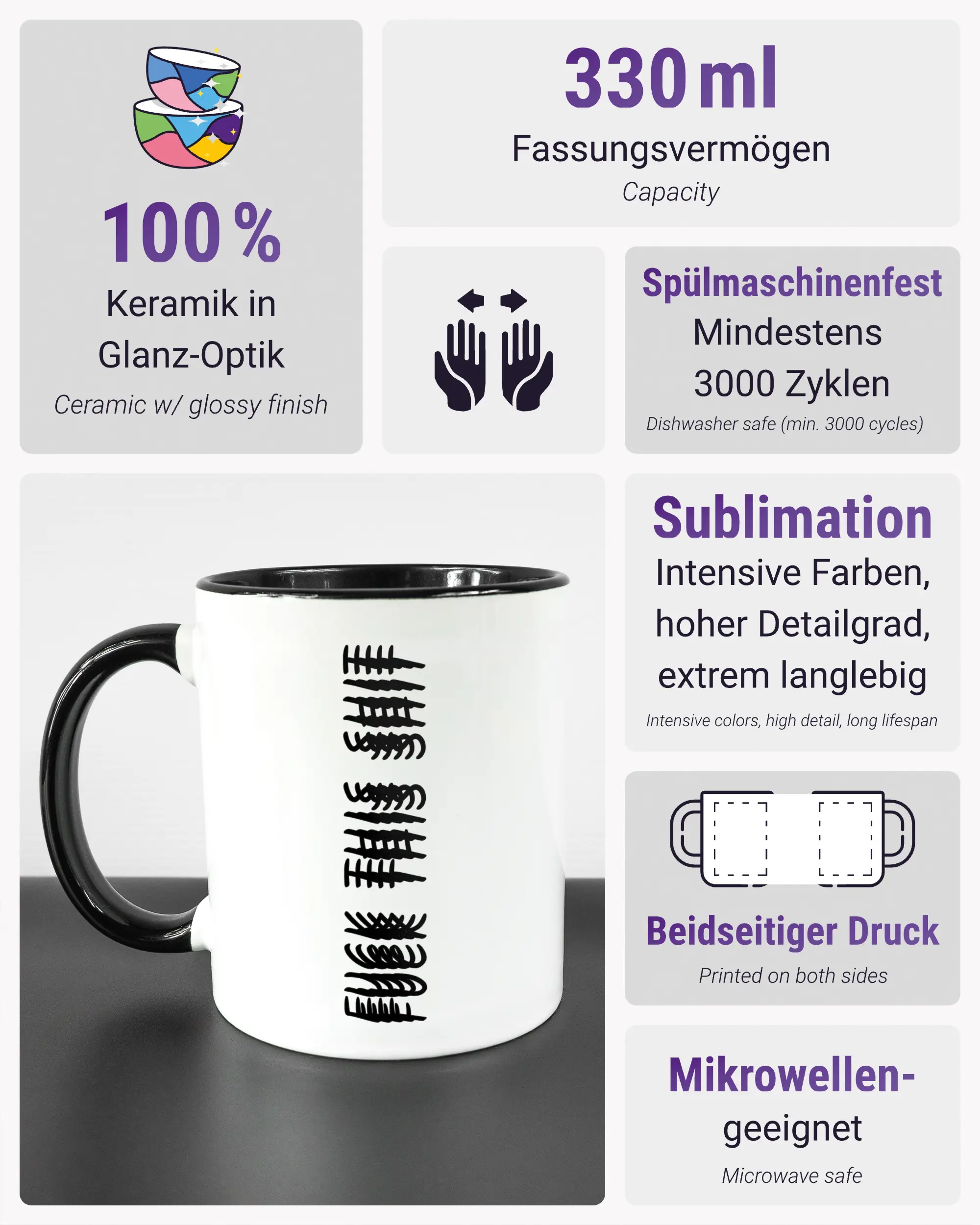 Produktinformationsblatt der beidseitig bedruckten Keramiktasse von Maondo mit dem Design Hidden Message in der Farbe Duotone