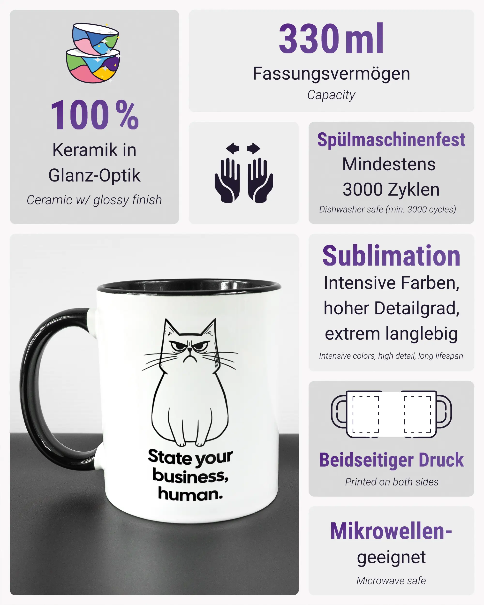 Produktinformationsblatt der beidseitig bedruckten Keramiktasse von Maondo mit dem Design Grumpy Purr in der Farbe Duotone