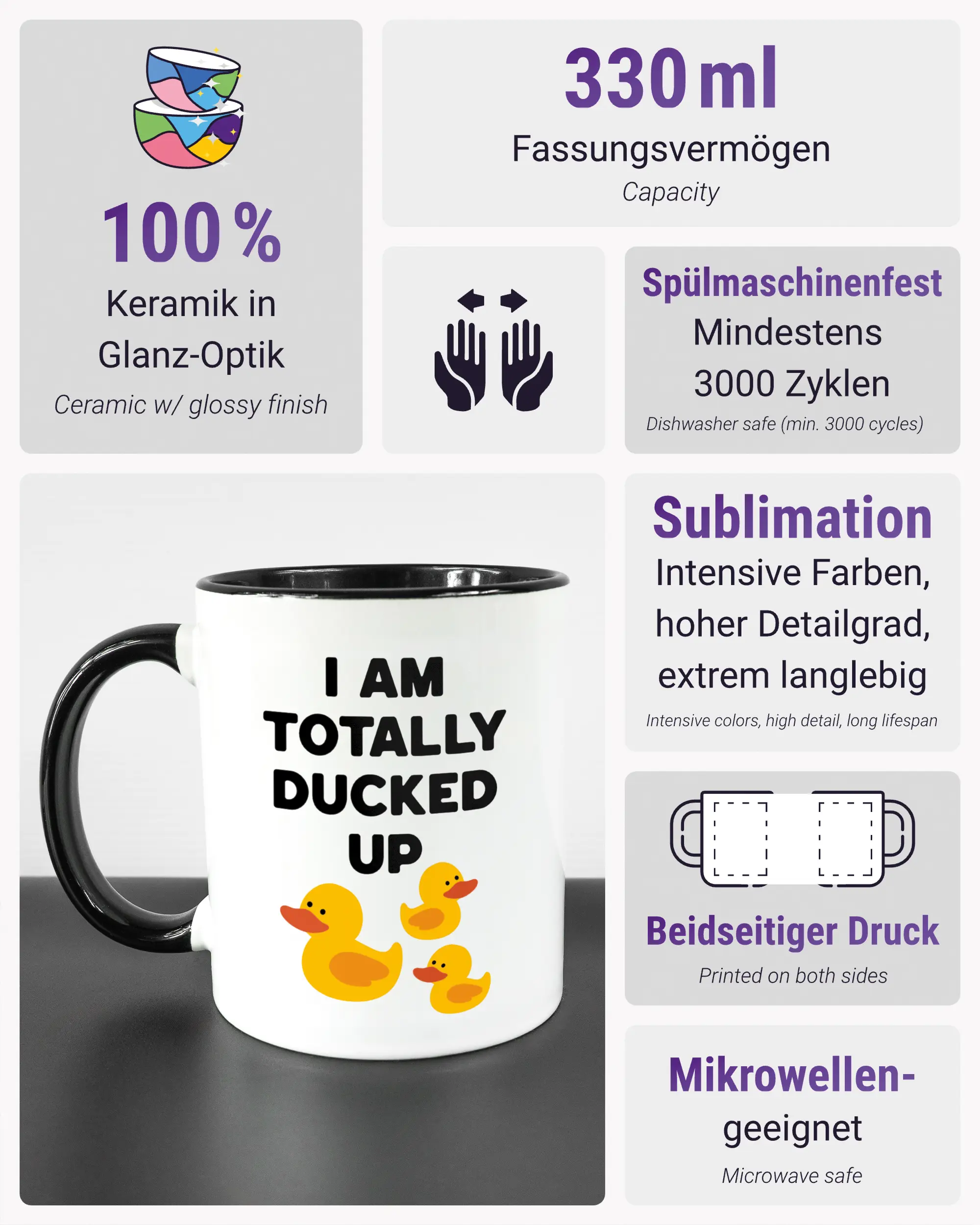 Produktinformationsblatt der beidseitig bedruckten Keramiktasse von Maondo mit dem Design Ducked Up in der Farbe Duotone