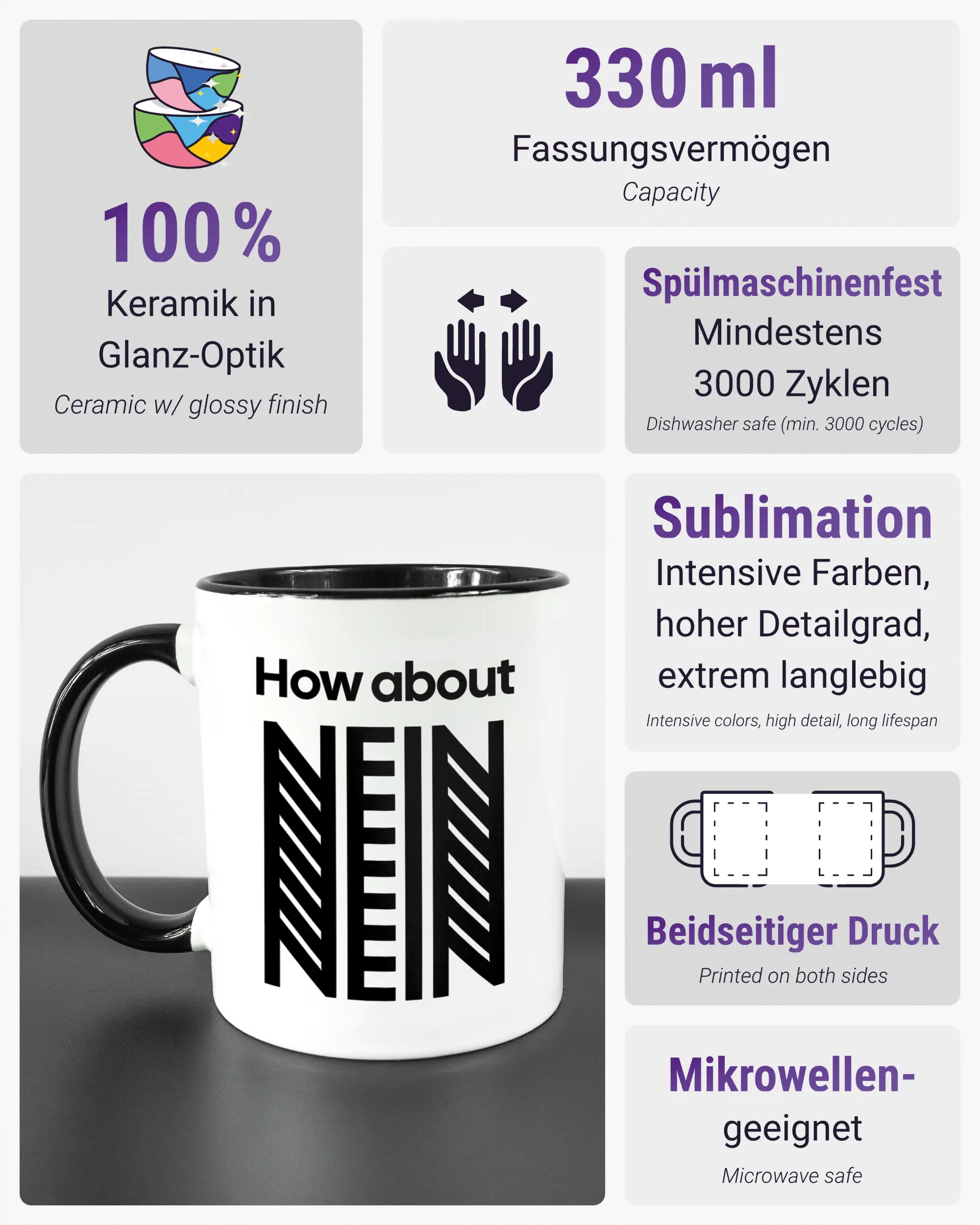 Produktinformationsblatt der beidseitig bedruckten Keramiktasse von Maondo mit dem Design How about nein in der Farbe Duotone
