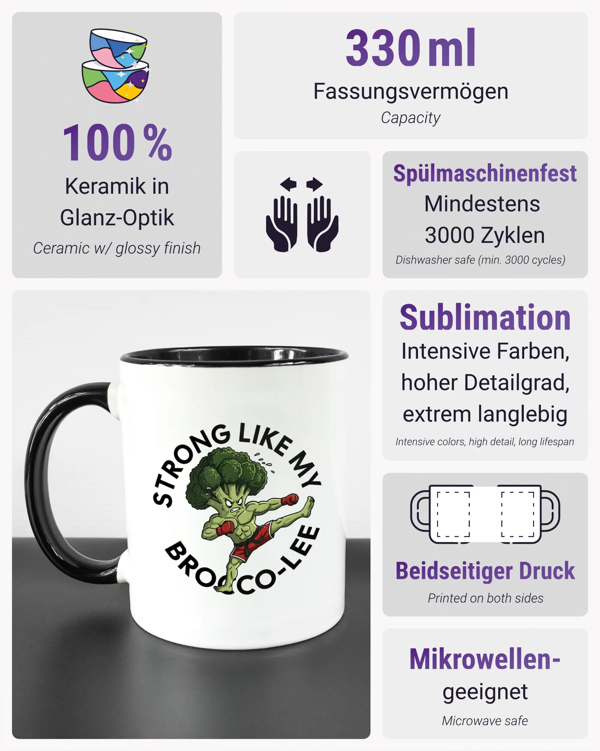 Produktinformationsblatt der beidseitig bedruckten Keramiktasse von Maondo mit dem Design Brocco-Lee in der Farbe Duotone