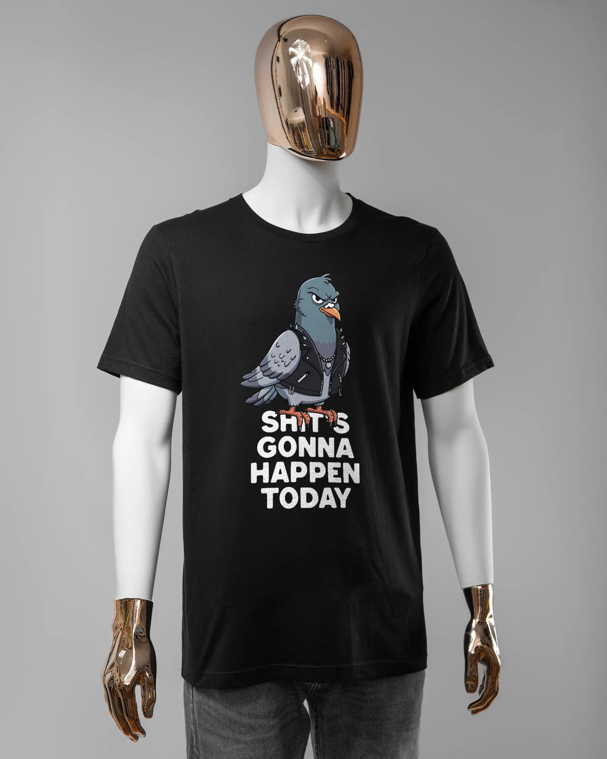 Vorderseite des Basic Unisex T-Shirt Light von Maondo mit dem Design Pigeon Pun in der Farbe Black und in der Größe L getragen von einer maskulinen Puppe