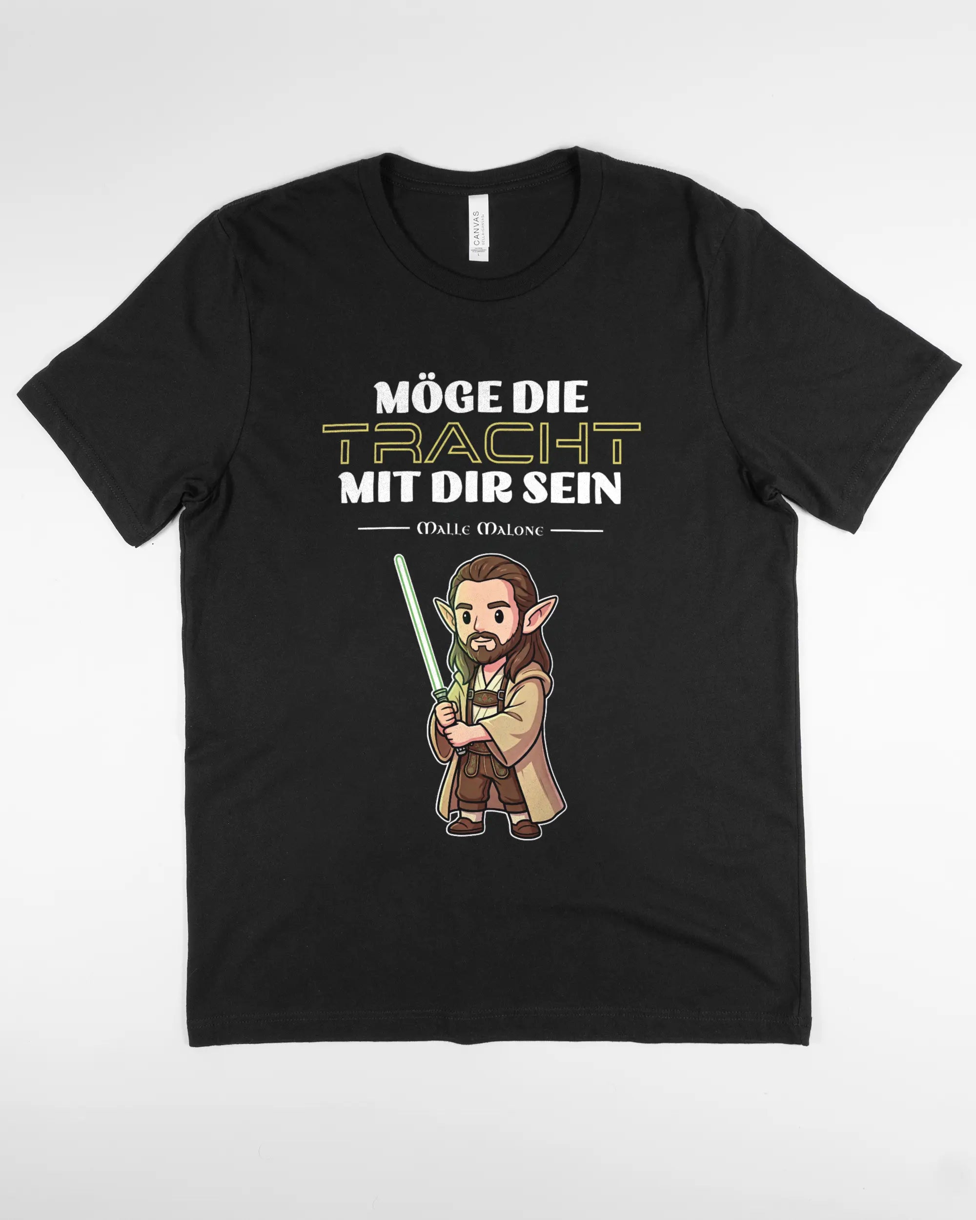 Vorderseite des Basic Unisex T-Shirt Light von Maondo mit dem Design Tracht mit dir in der Farbe Black und in der Größe L flach auf den Boden gelegt