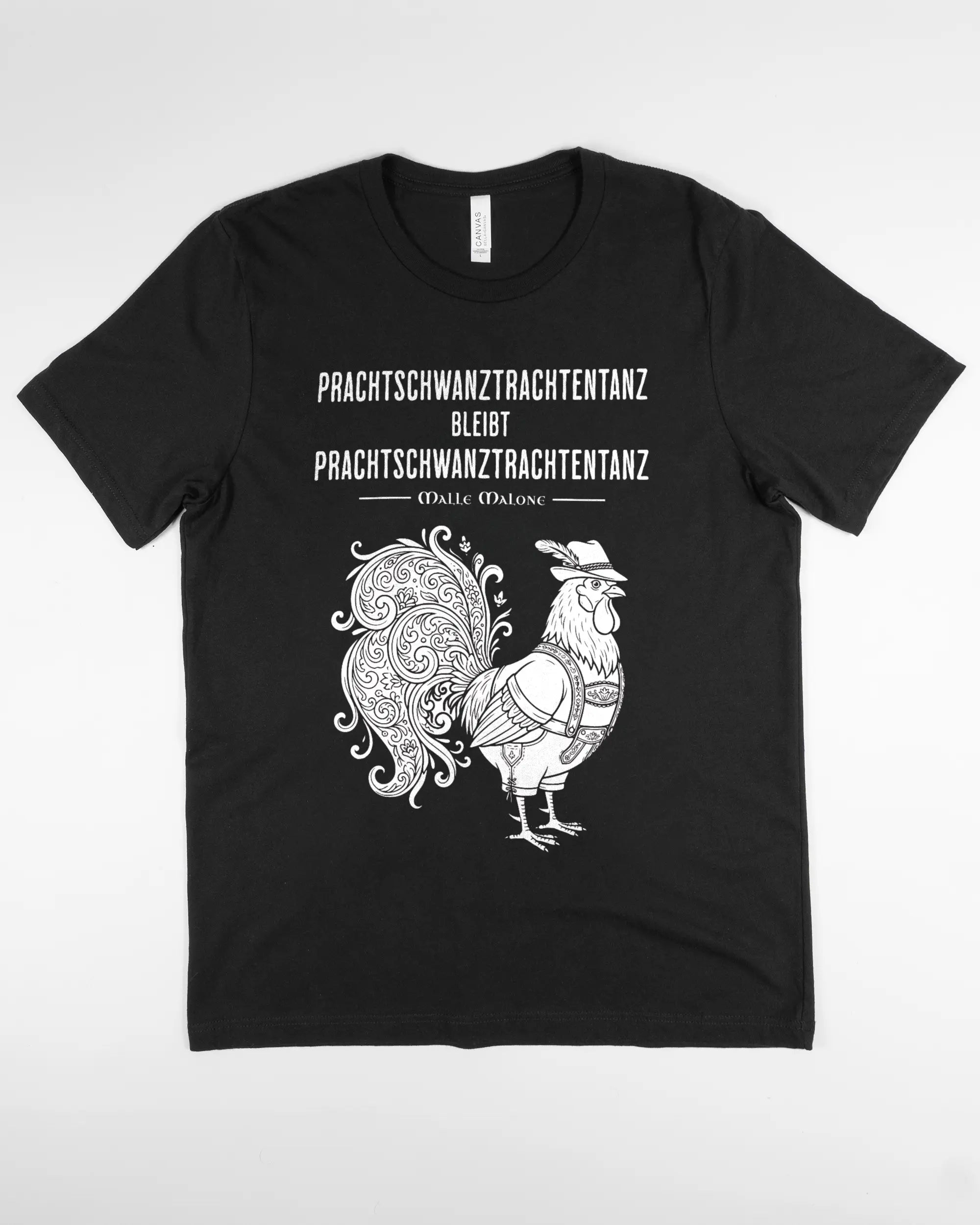 Vorderseite des Basic Unisex T-Shirt Light von Maondo mit dem Design Trachtentanz in der Farbe Black und in der Größe L flach auf den Boden gelegt