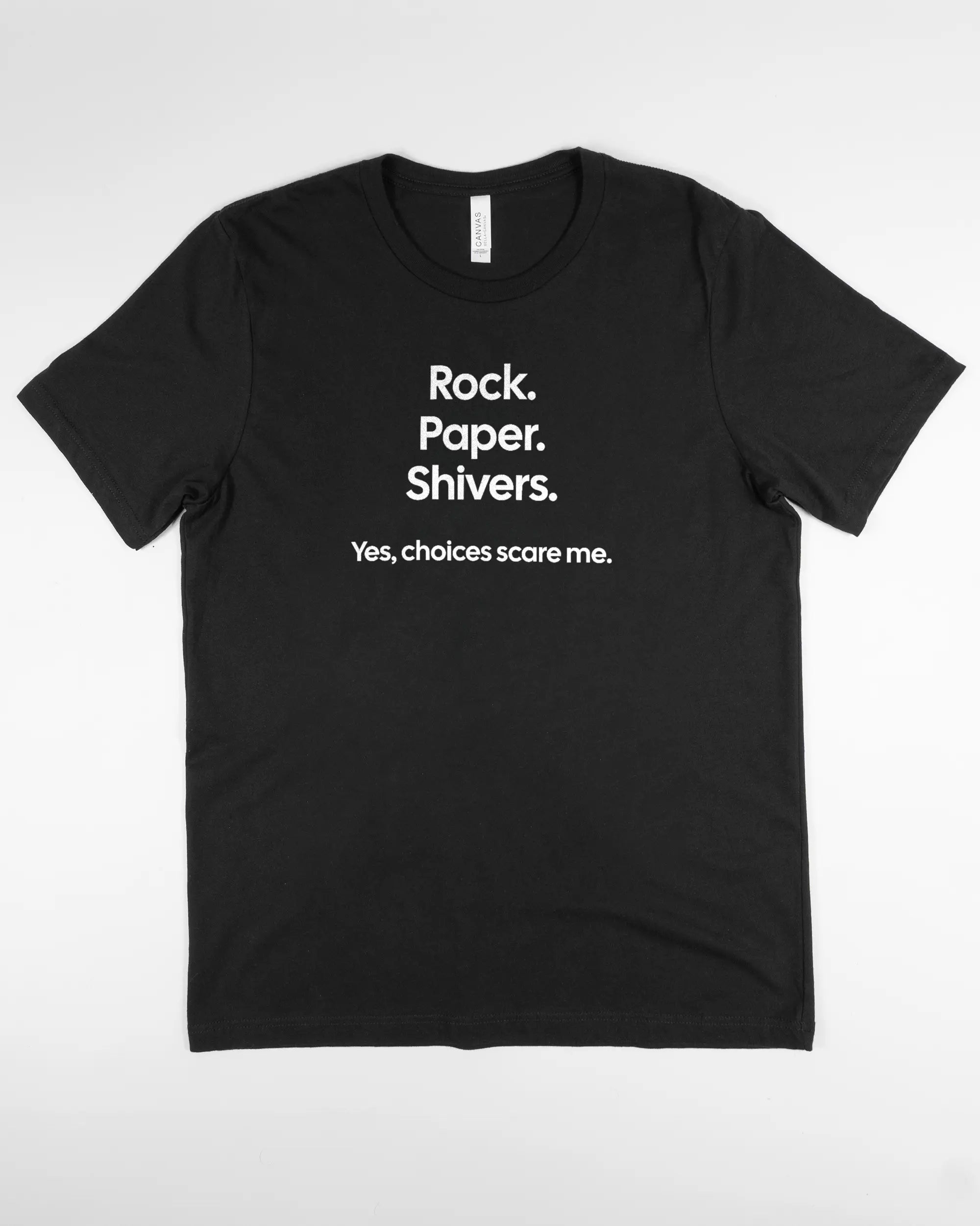 Vorderseite des Basic Unisex T-Shirt Light von Maondo mit dem Design Rock Paper Shivers in der Farbe Black und in der Größe L flach auf den Boden gelegt