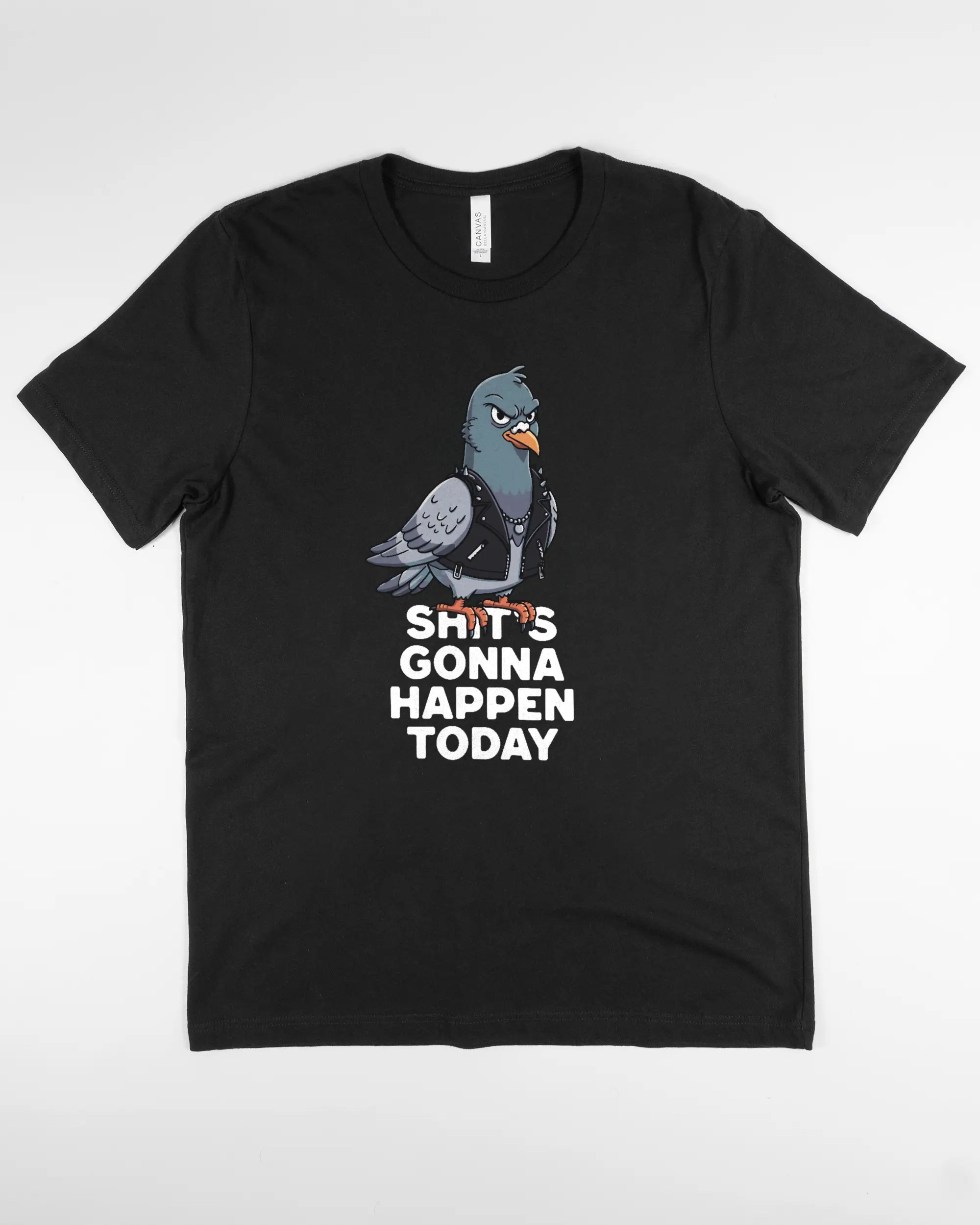 Vorderseite des Basic Unisex T-Shirt Light von Maondo mit dem Design Pigeon Pun in der Farbe Black und in der Größe L flach auf den Boden gelegt