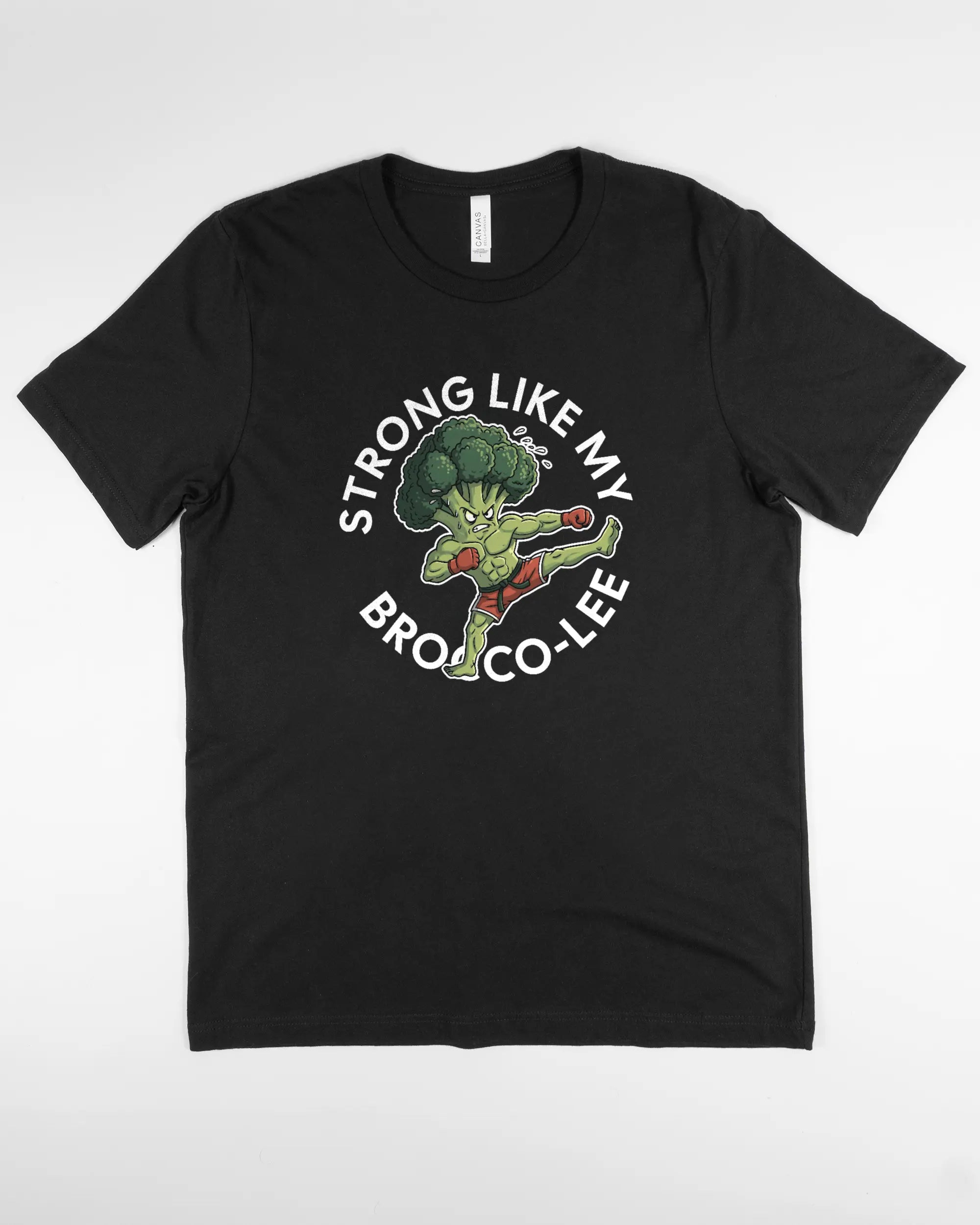 Vorderseite des Basic Unisex T-Shirt Light von Maondo mit dem Design Brocco-Lee in der Farbe Black und in der Größe L flach auf den Boden gelegt