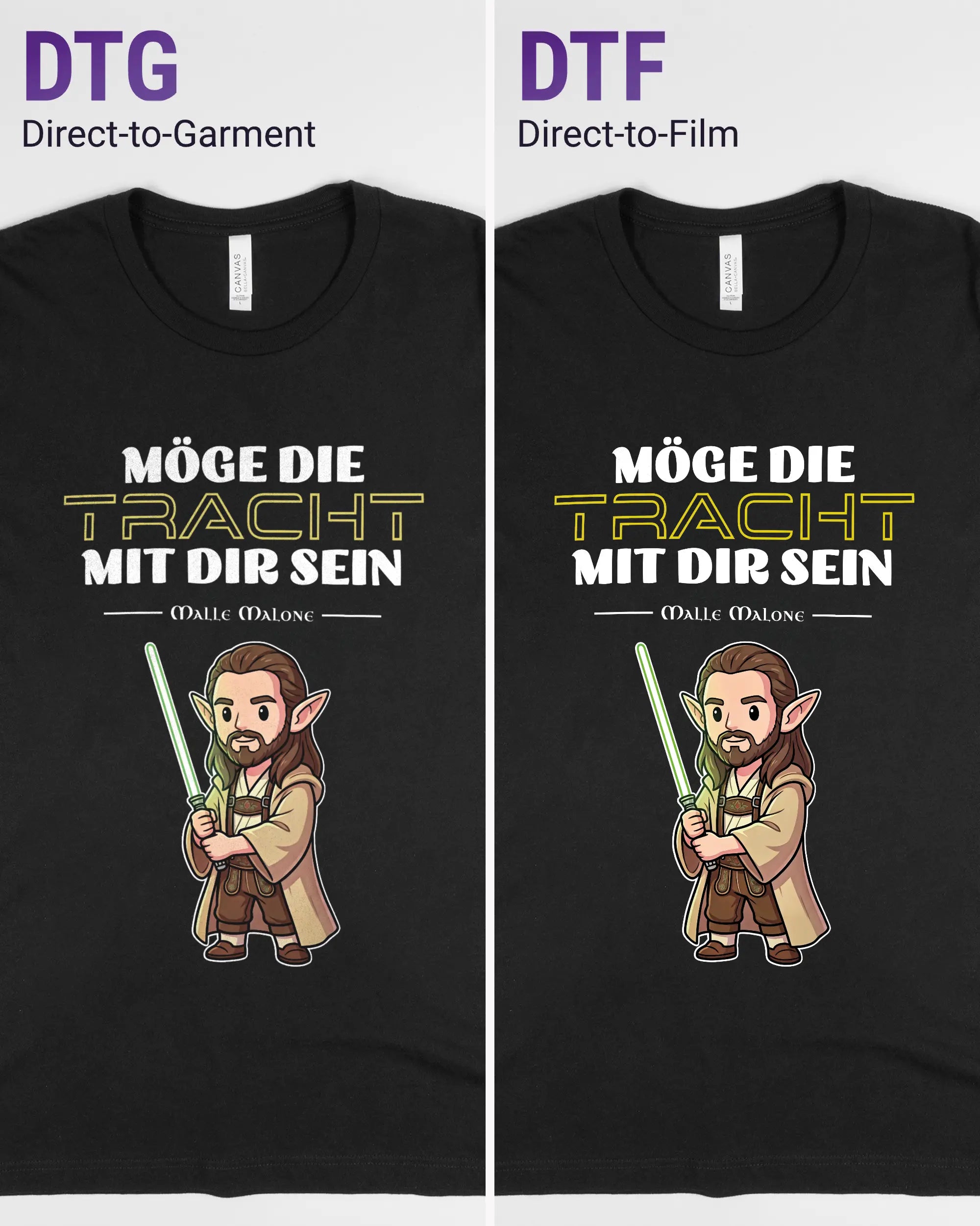 Vergleich der Vorderseiten des Basic Unisex T-Shirt Light von Maondo mit dem Design Tracht mit dir in der Farbe Black und in der Größe L links mit dem Direct-to-Garment und rechts mit dem Direct-to-Film Verfahren