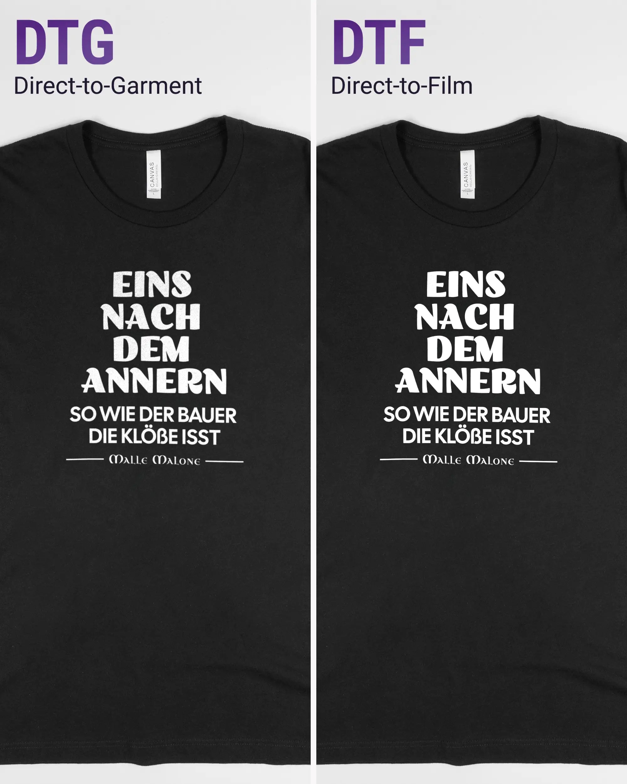 Vergleich der Vorderseiten des Basic Unisex T-Shirt Light von Maondo mit dem Design Eins nach dem Annern in der Farbe Black und in der Größe L links mit dem Direct-to-Garment und rechts mit dem Direct-to-Film Verfahren