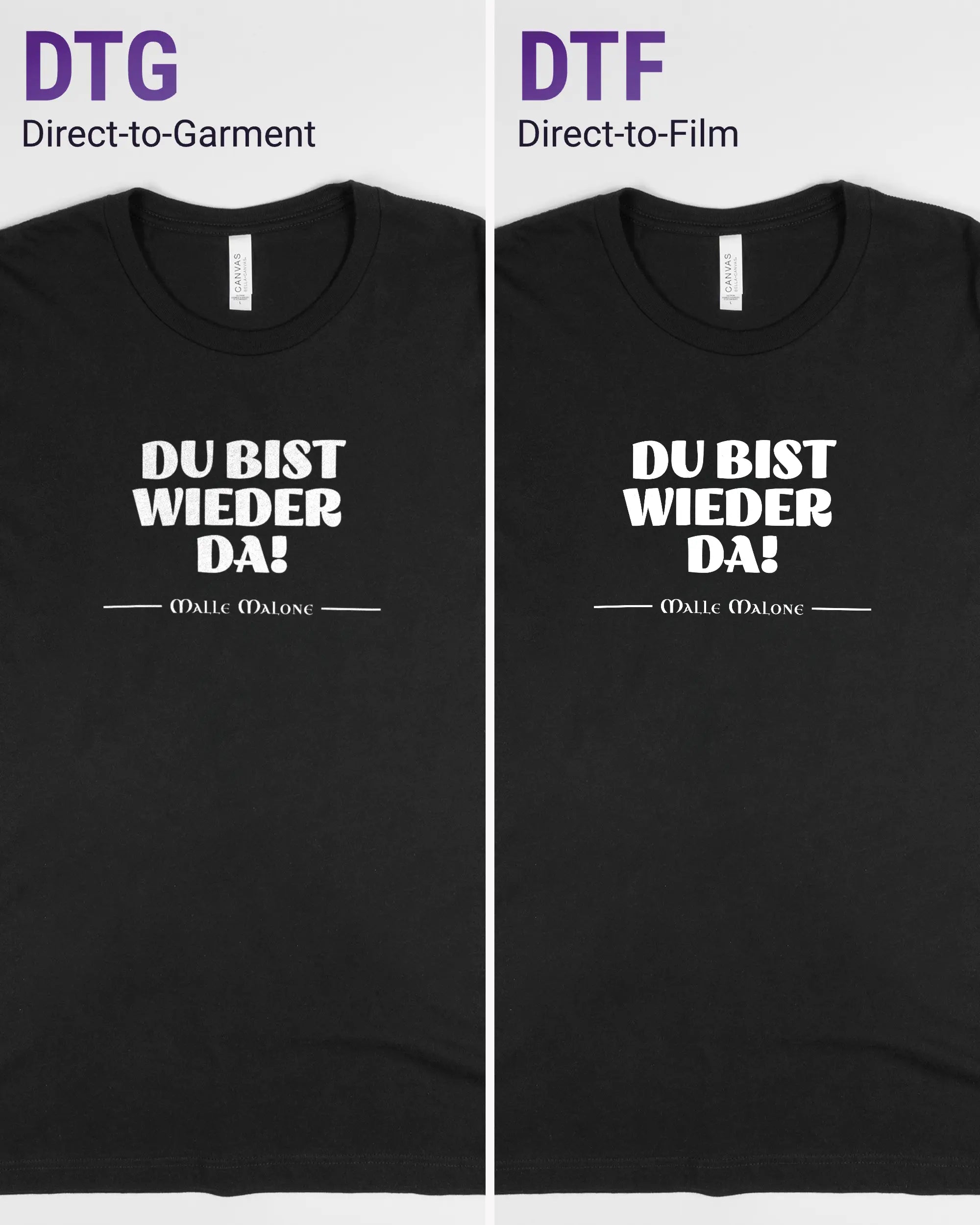 Vergleich der Vorderseiten des Basic Unisex T-Shirt Light von Maondo mit dem Design Wieder da in der Farbe Black und in der Größe L links mit dem Direct-to-Garment und rechts mit dem Direct-to-Film Verfahren