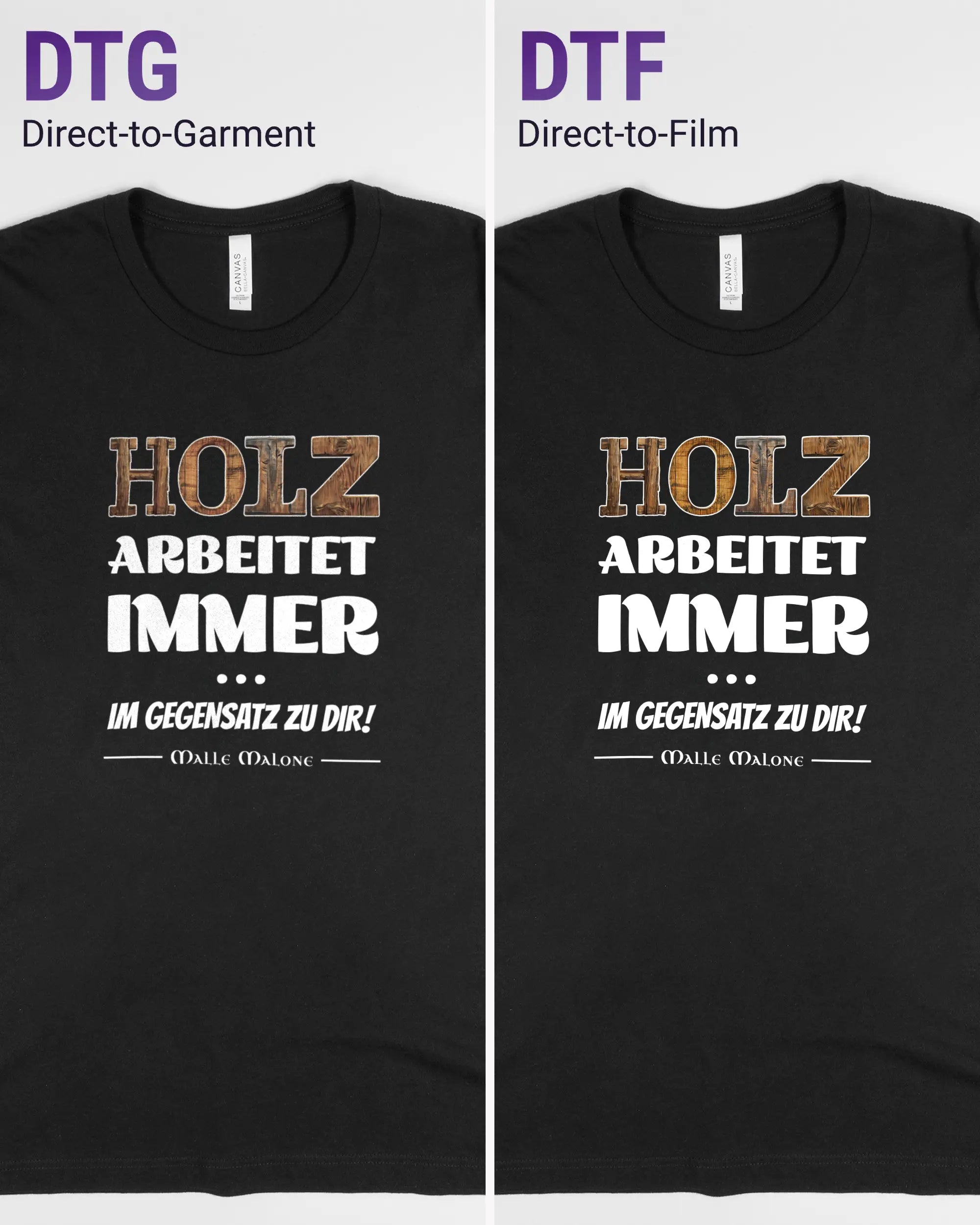 Vergleich der Vorderseiten des Basic Unisex T-Shirt Light von Maondo mit dem Design Holzarbeit in der Farbe Black und in der Größe L links mit dem Direct-to-Garment und rechts mit dem Direct-to-Film Verfahren
