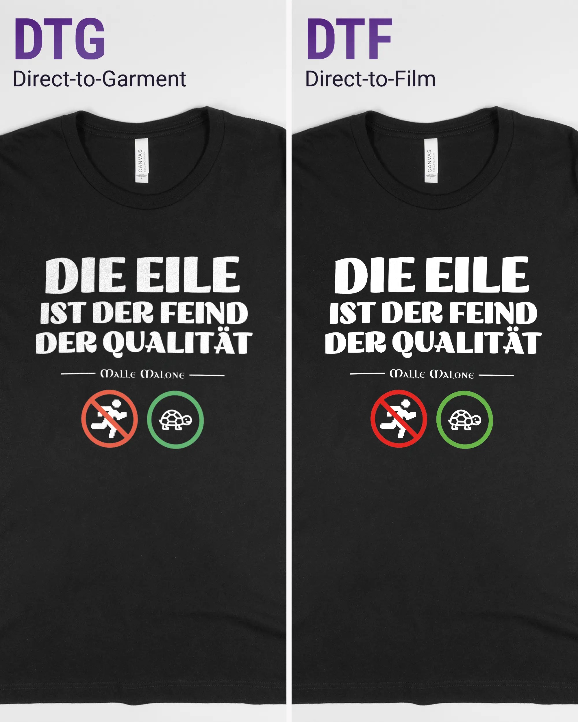 Vergleich der Vorderseiten des Basic Unisex T-Shirt Light von Maondo mit dem Design Keine Eile in der Farbe Black und in der Größe L links mit dem Direct-to-Garment und rechts mit dem Direct-to-Film Verfahren