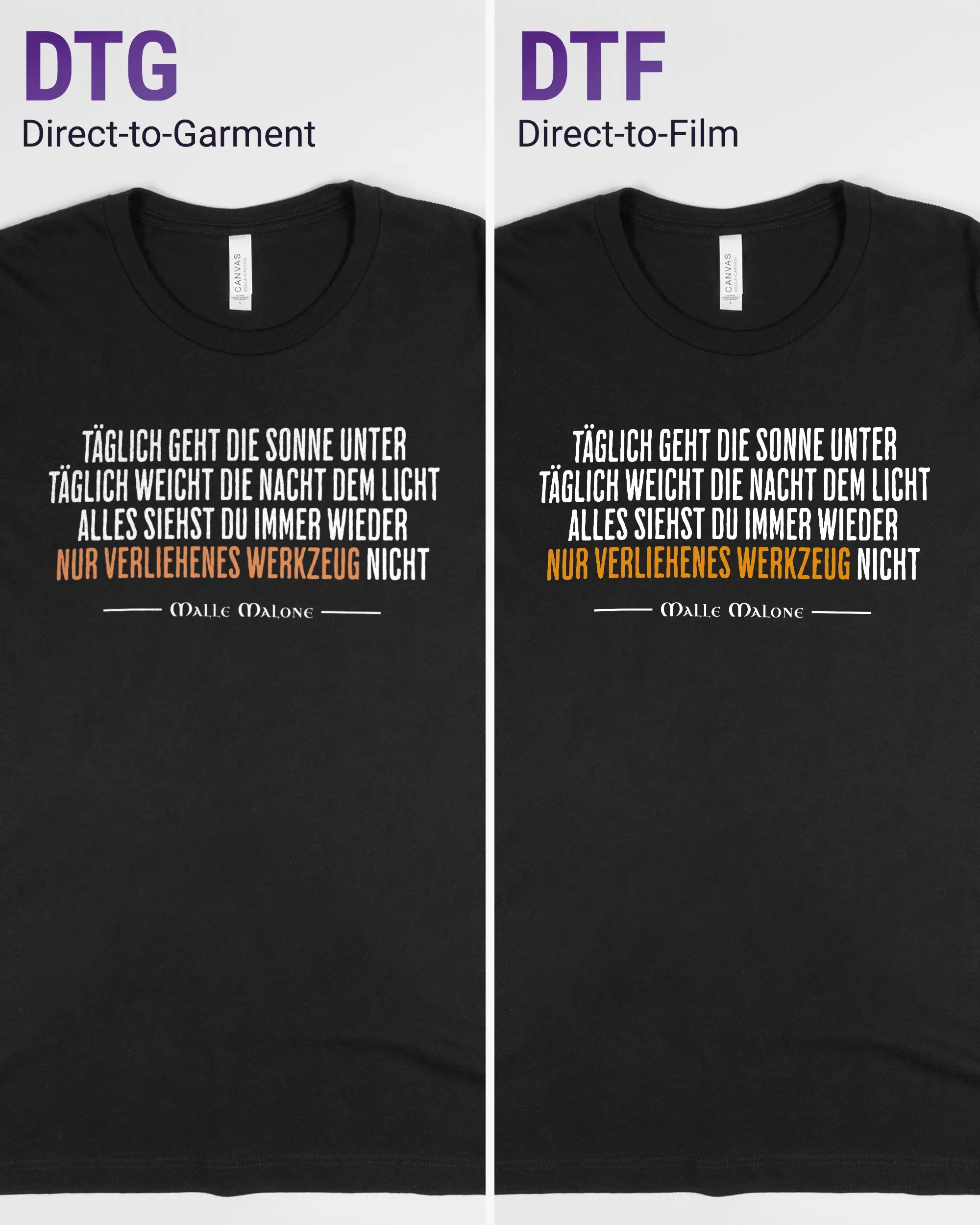 Vergleich der Vorderseiten des Basic Unisex T-Shirt Light von Maondo mit dem Design Wegzeug in der Farbe Black und in der Größe L links mit dem Direct-to-Garment und rechts mit dem Direct-to-Film Verfahren