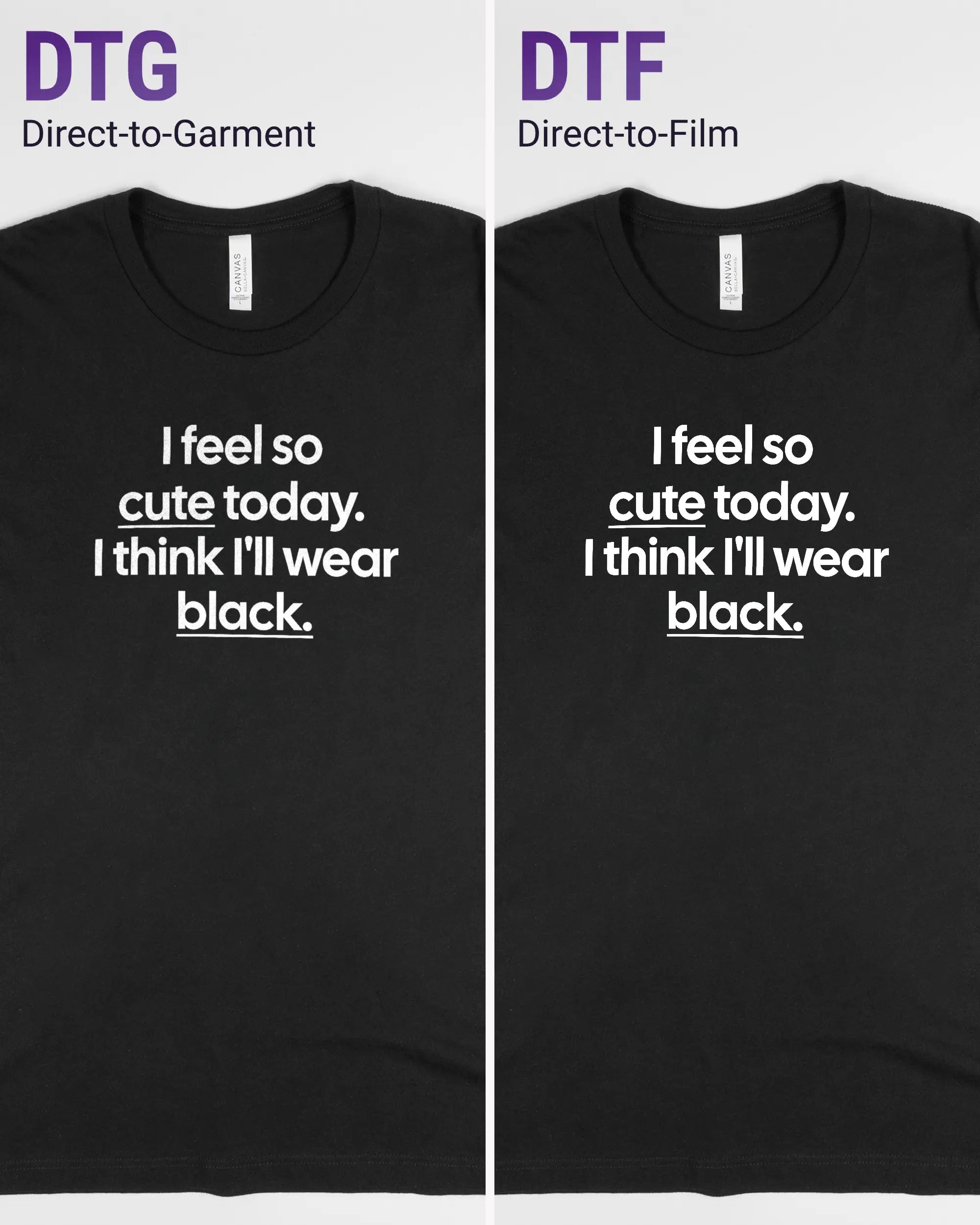 Vergleich der Vorderseiten des Basic Unisex T-Shirt Light von Maondo mit dem Design Colorful Day in der Farbe Black und in der Größe L links mit dem Direct-to-Garment und rechts mit dem Direct-to-Film Verfahren