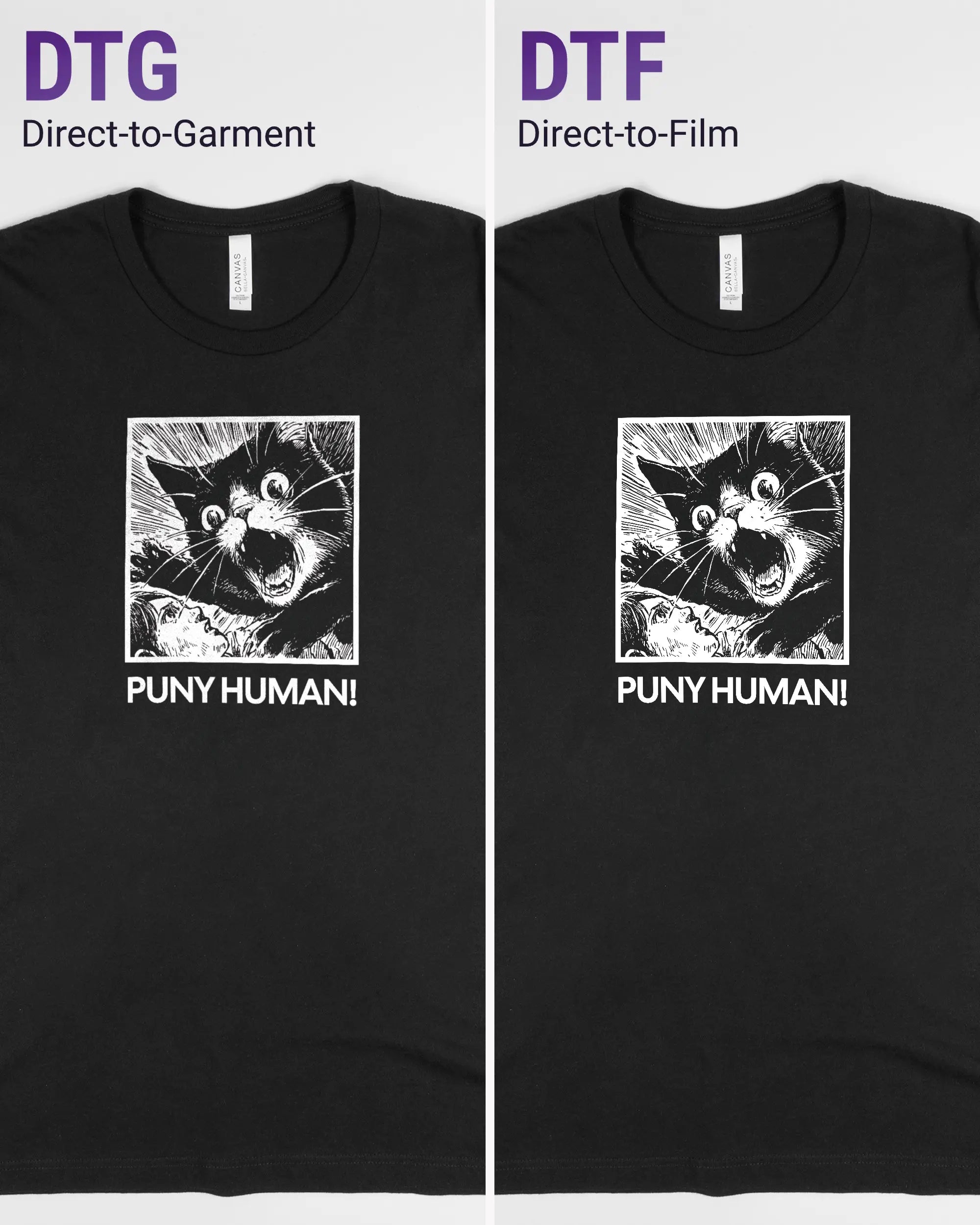 Vergleich der Vorderseiten des Basic Unisex T-Shirt Light von Maondo mit dem Design Puny Human in der Farbe Black und in der Größe L links mit dem Direct-to-Garment und rechts mit dem Direct-to-Film Verfahren
