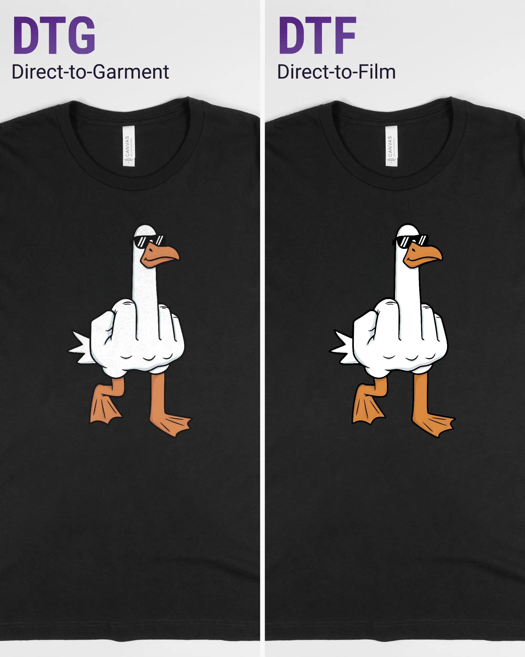 Vergleich der Vorderseiten des Basic Unisex T-Shirt Light von Maondo mit dem Design I give a duck in der Farbe Black und in der Größe L links mit dem Direct-to-Garment und rechts mit dem Direct-to-Film Verfahren