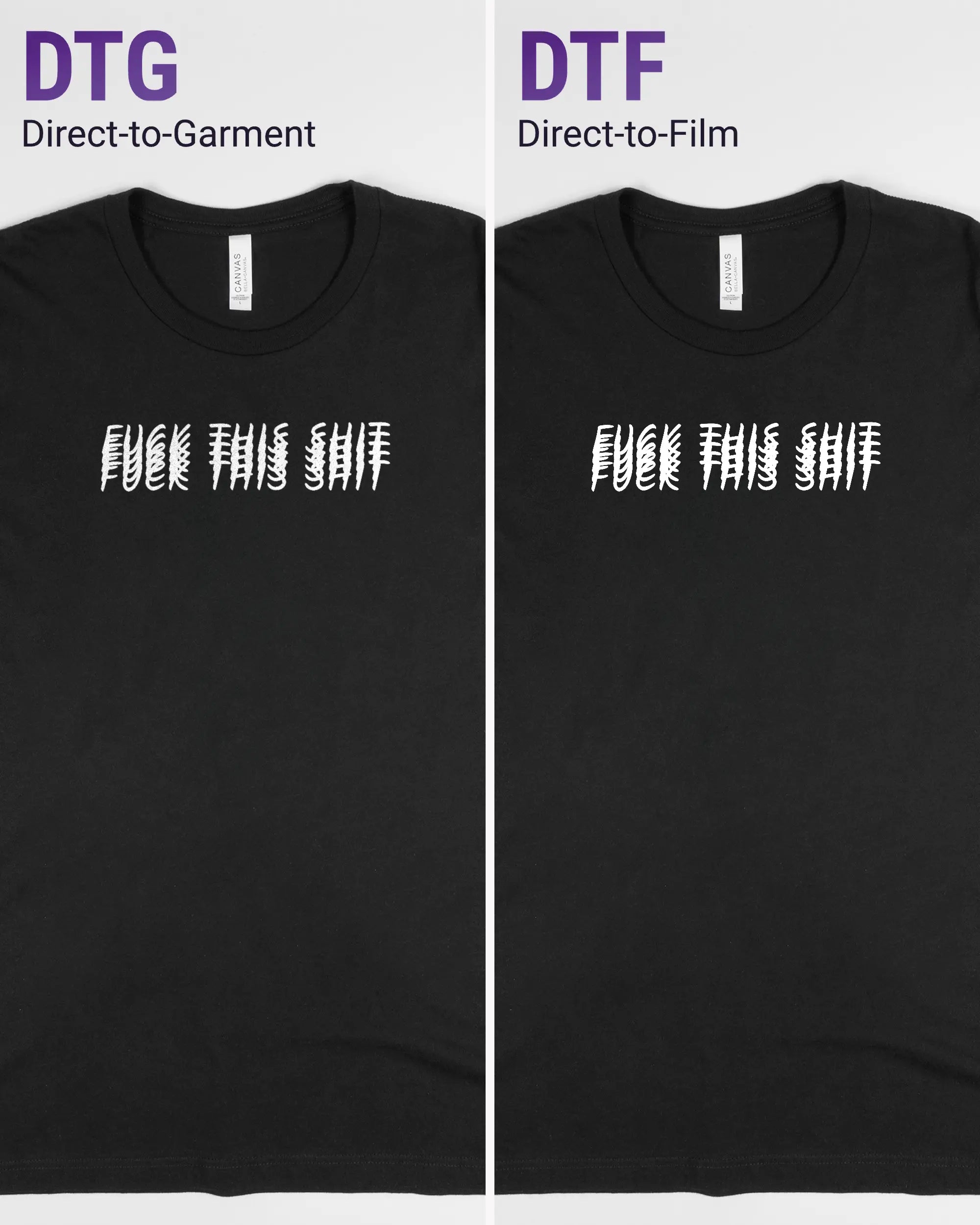 Vergleich der Vorderseiten des Basic Unisex T-Shirt Light von Maondo mit dem Design Hidden Message in der Farbe Black und in der Größe L links mit dem Direct-to-Garment und rechts mit dem Direct-to-Film Verfahren