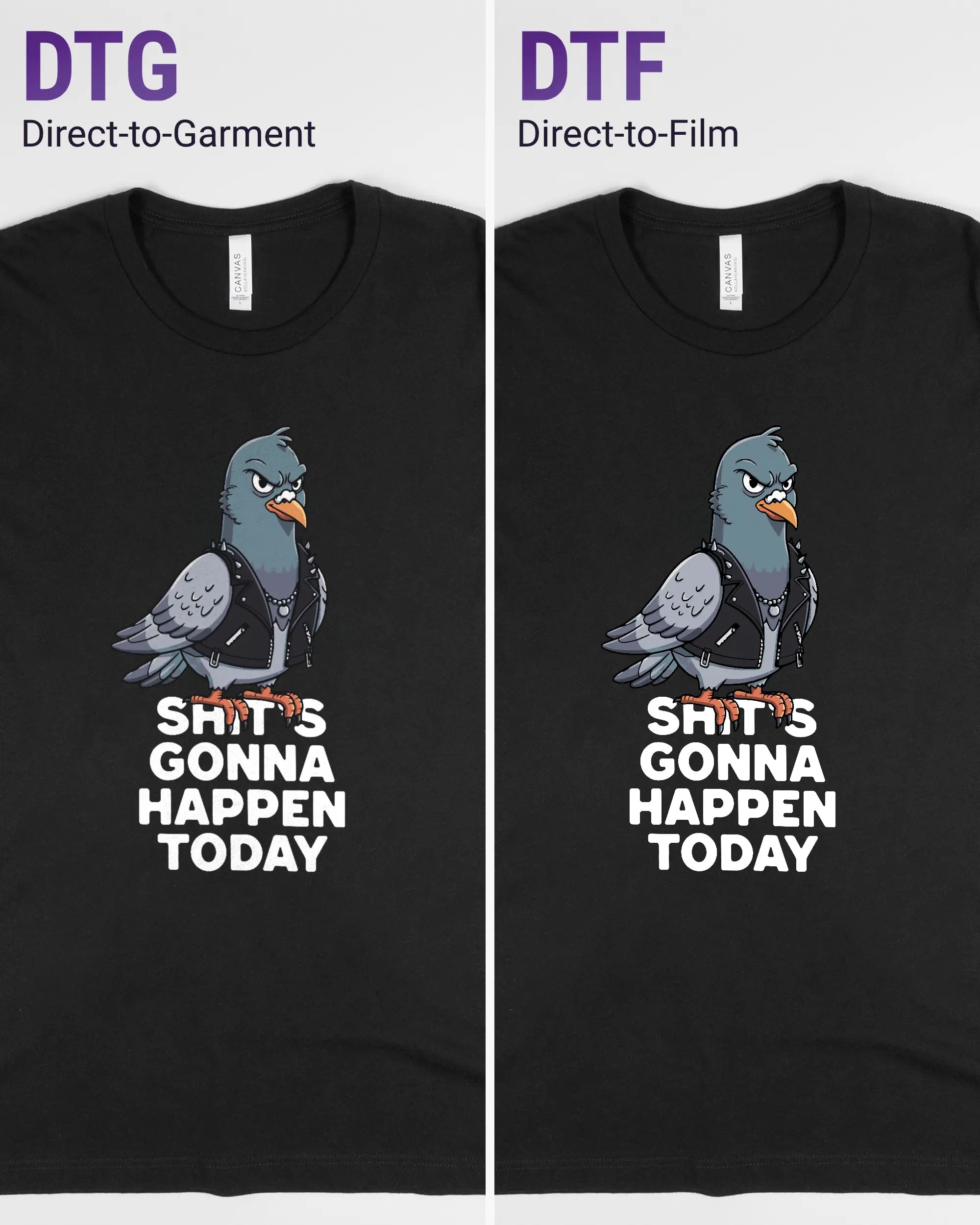 Vergleich der Vorderseiten des Basic Unisex T-Shirt Light von Maondo mit dem Design Pigeon Pun in der Farbe Black und in der Größe L links mit dem Direct-to-Garment und rechts mit dem Direct-to-Film Verfahren