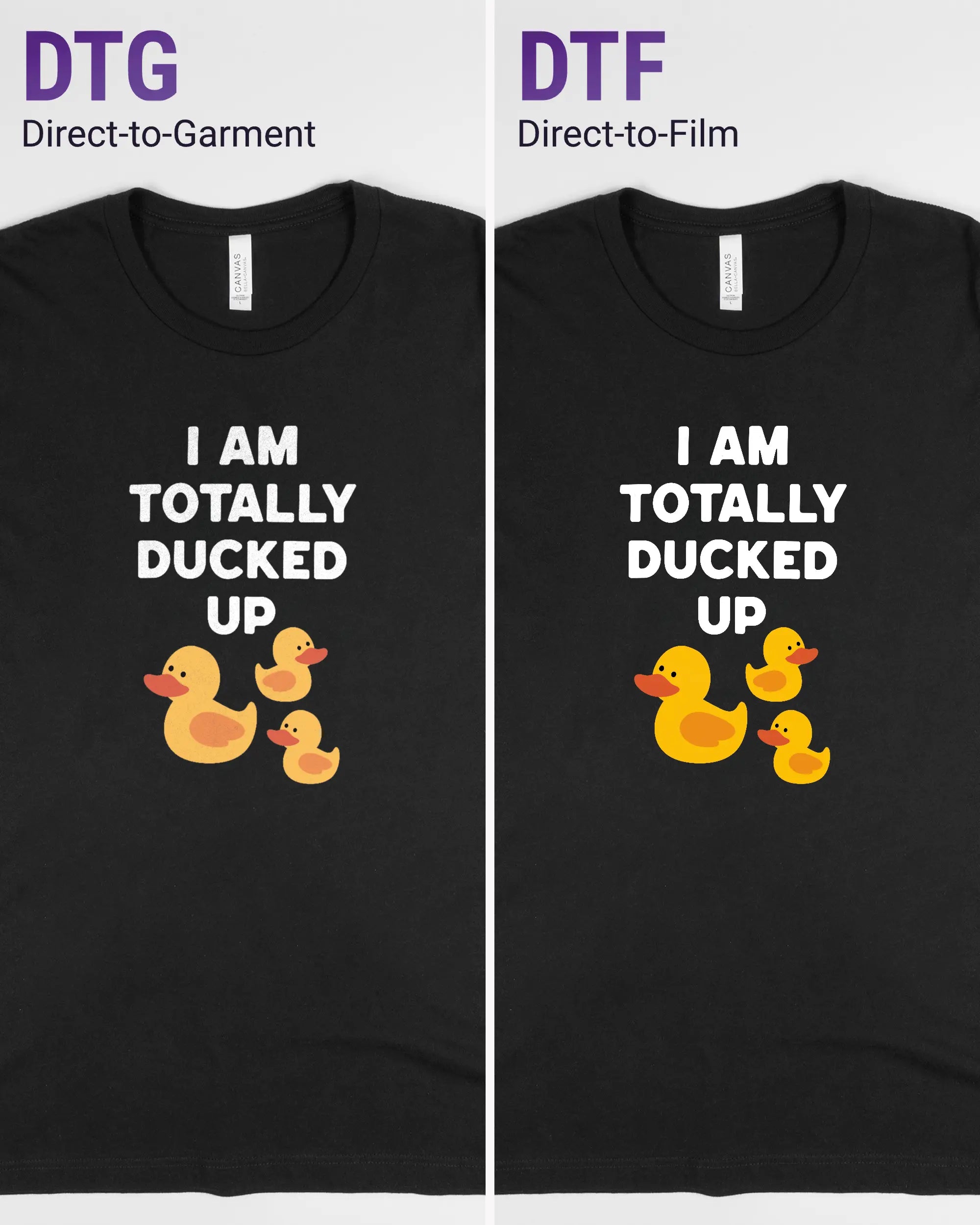 Vergleich der Vorderseiten des Basic Unisex T-Shirt Light von Maondo mit dem Design Ducked Up in der Farbe Black und in der Größe L links mit dem Direct-to-Garment und rechts mit dem Direct-to-Film Verfahren