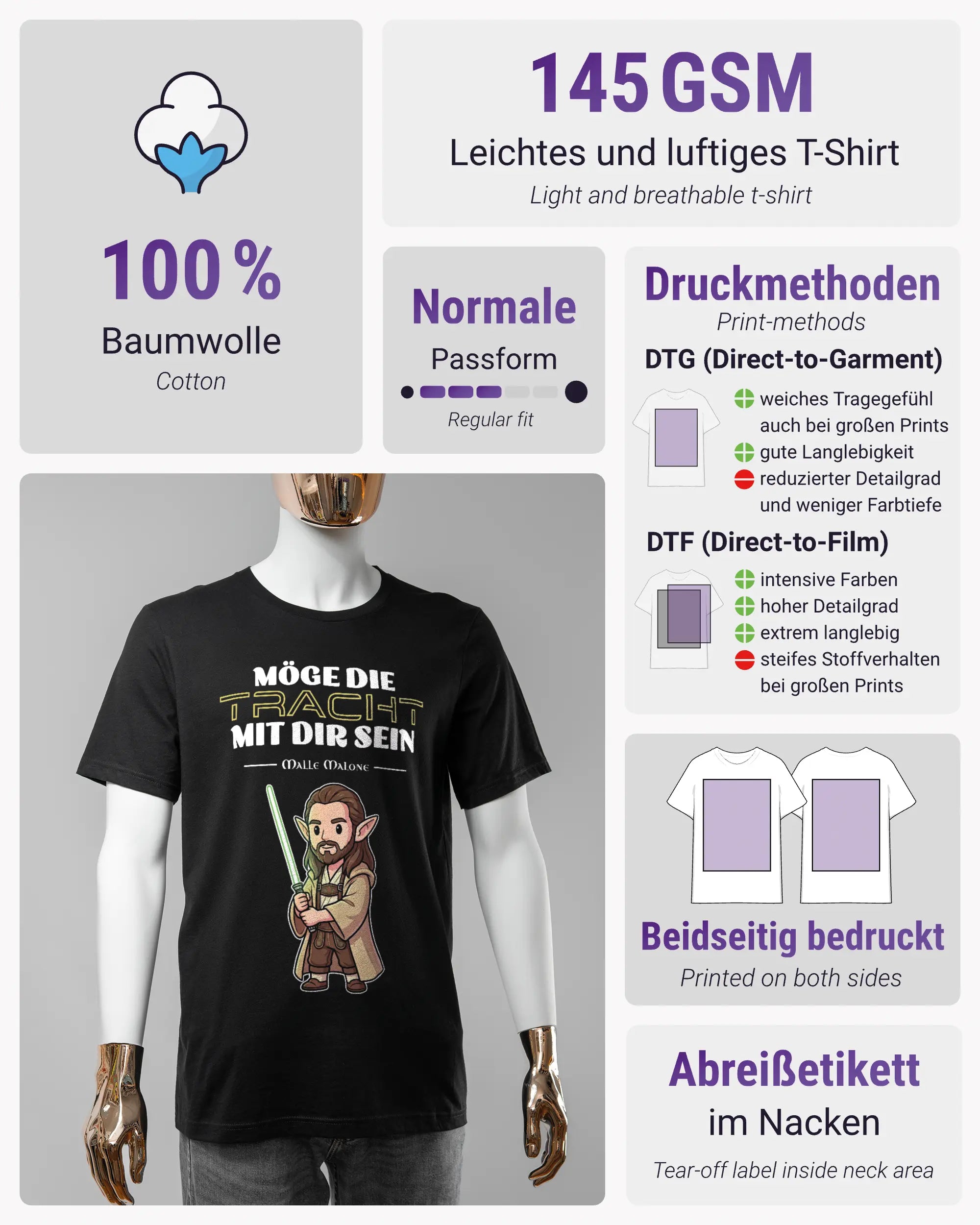 Produktinformationsblatt des Basic Unisex T-Shirt Light von Maondo mit dem Design Tracht mit dir vorne in der Farbe Black und in der Größe S