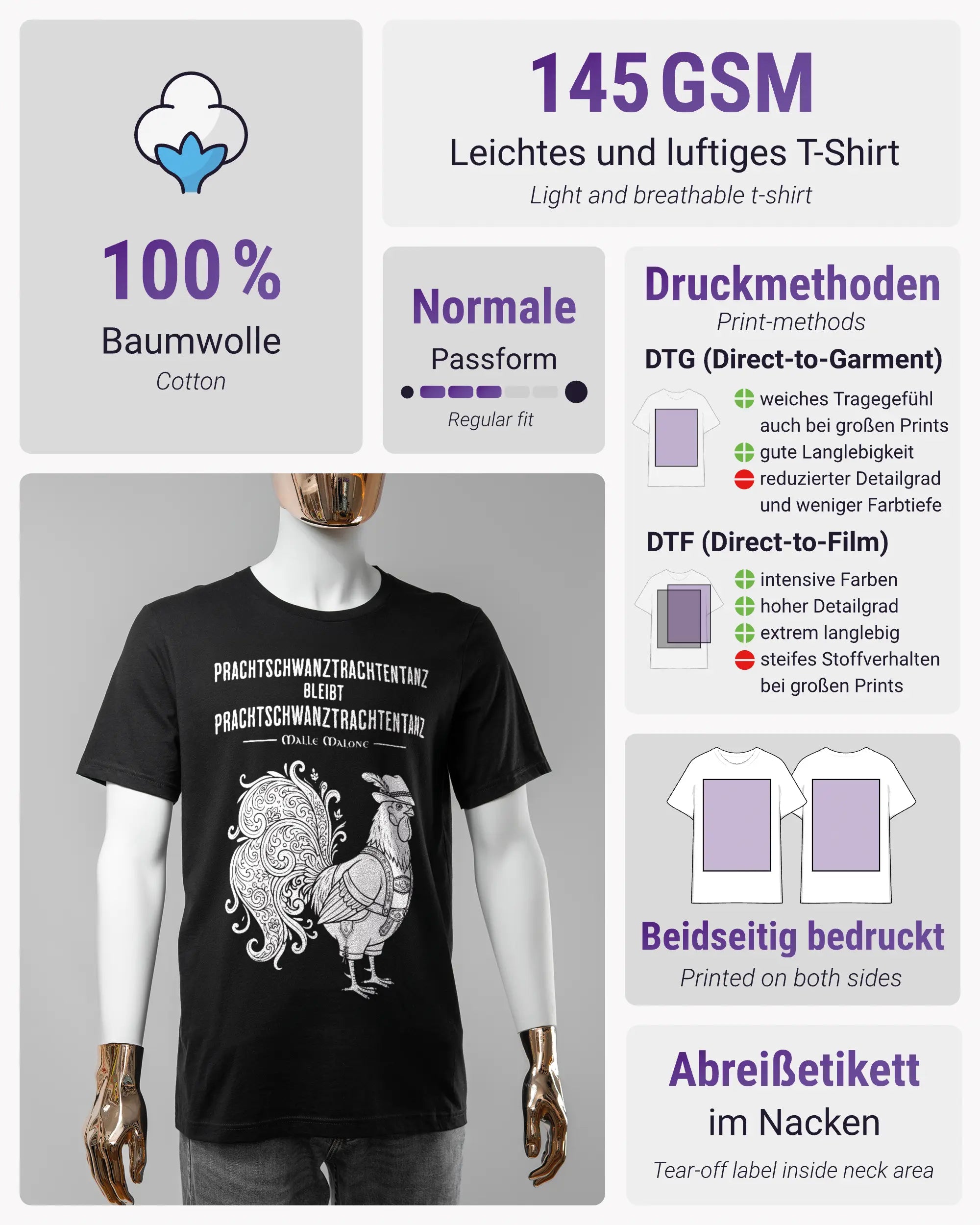 Produktinformationsblatt des Basic Unisex T-Shirt Light von Maondo mit dem Design Trachtentanz vorne in der Farbe Black und in der Größe S