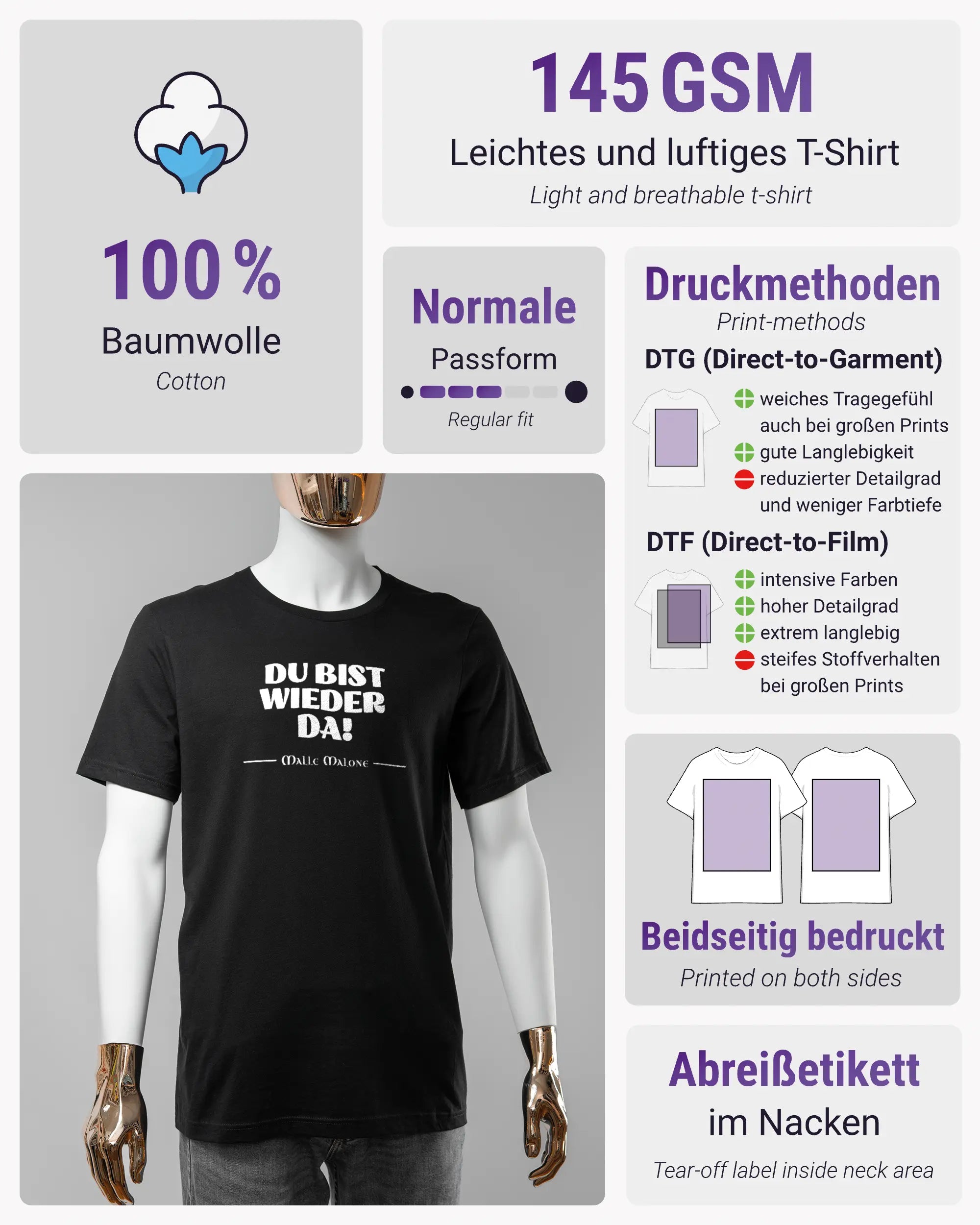 Produktinformationsblatt des Basic Unisex T-Shirt Light von Maondo mit dem Design Wieder da vorne in der Farbe Black und in der Größe S