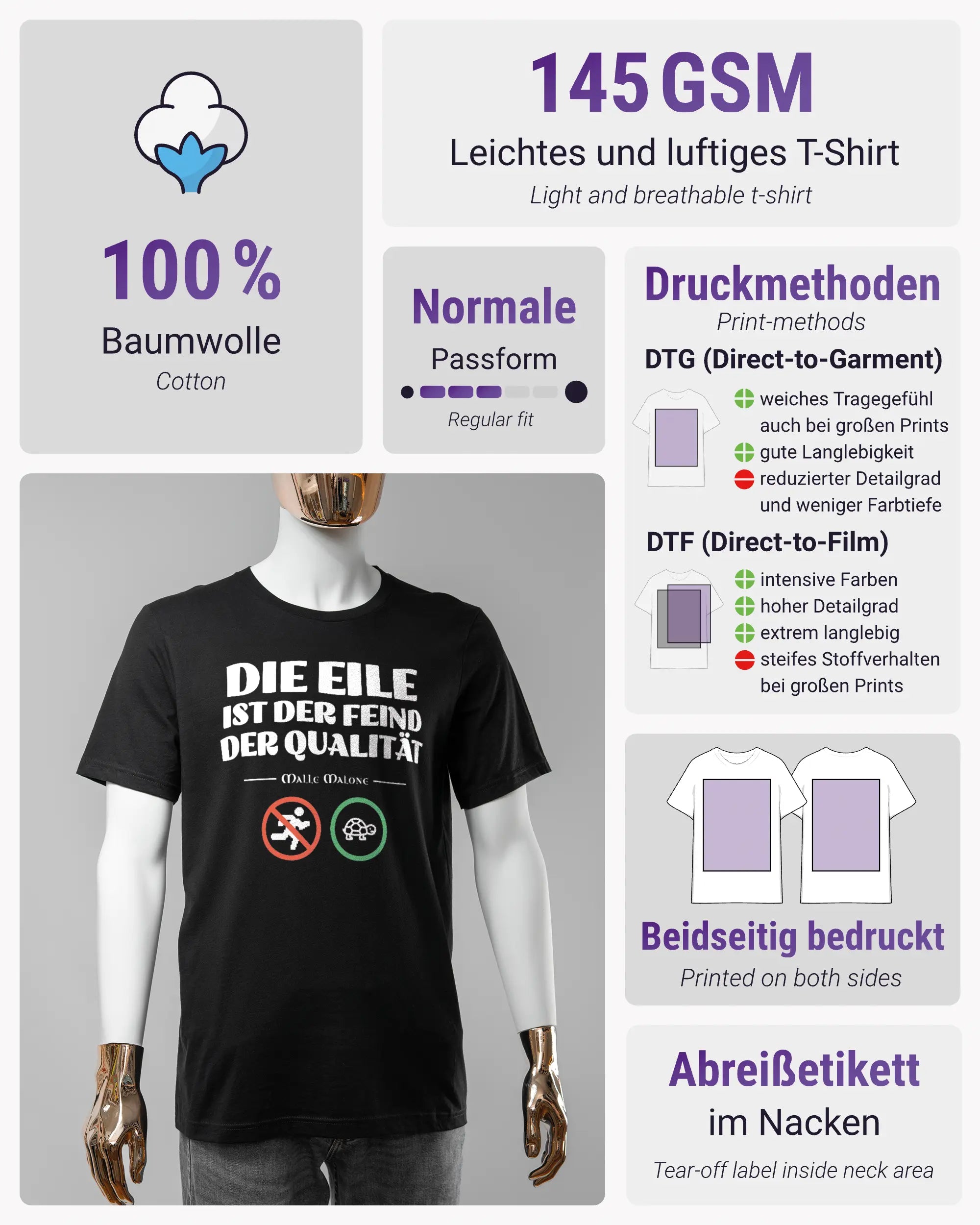 Produktinformationsblatt des Basic Unisex T-Shirt Light von Maondo mit dem Design Keine Eile vorne in der Farbe Black und in der Größe S