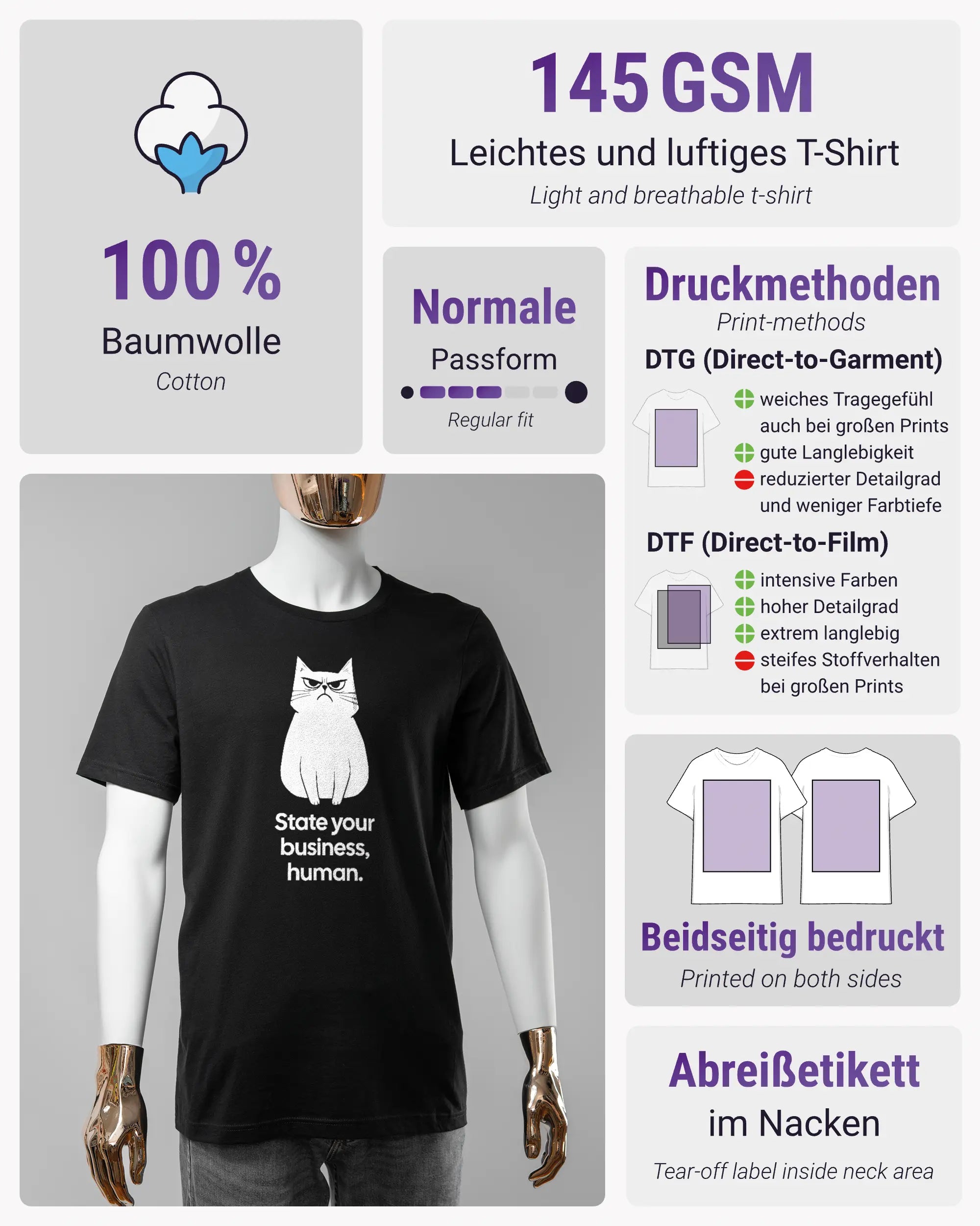 Produktinformationsblatt des Basic Unisex T-Shirt Light von Maondo mit dem Design Grumpy Purr vorne in der Farbe Black und in der Größe S