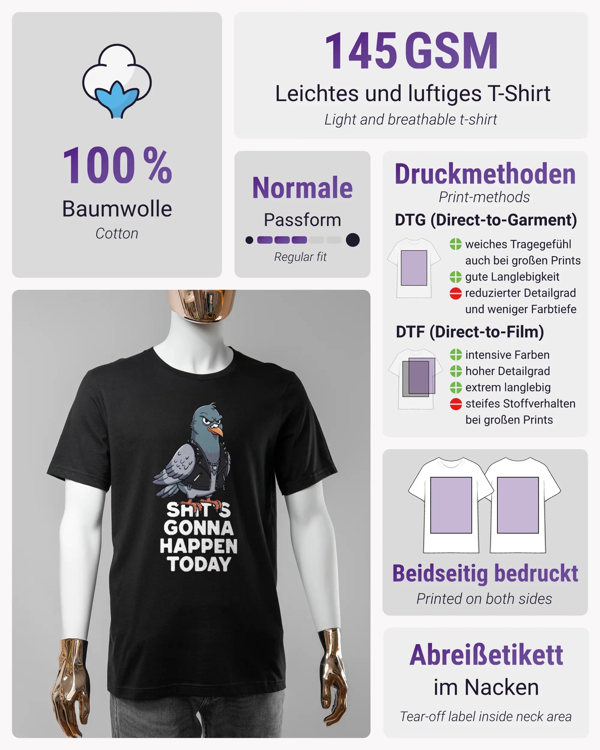 Produktinformationsblatt des Basic Unisex T-Shirt Light von Maondo mit dem Design Pigeon Pun vorne in der Farbe Black und in der Größe S