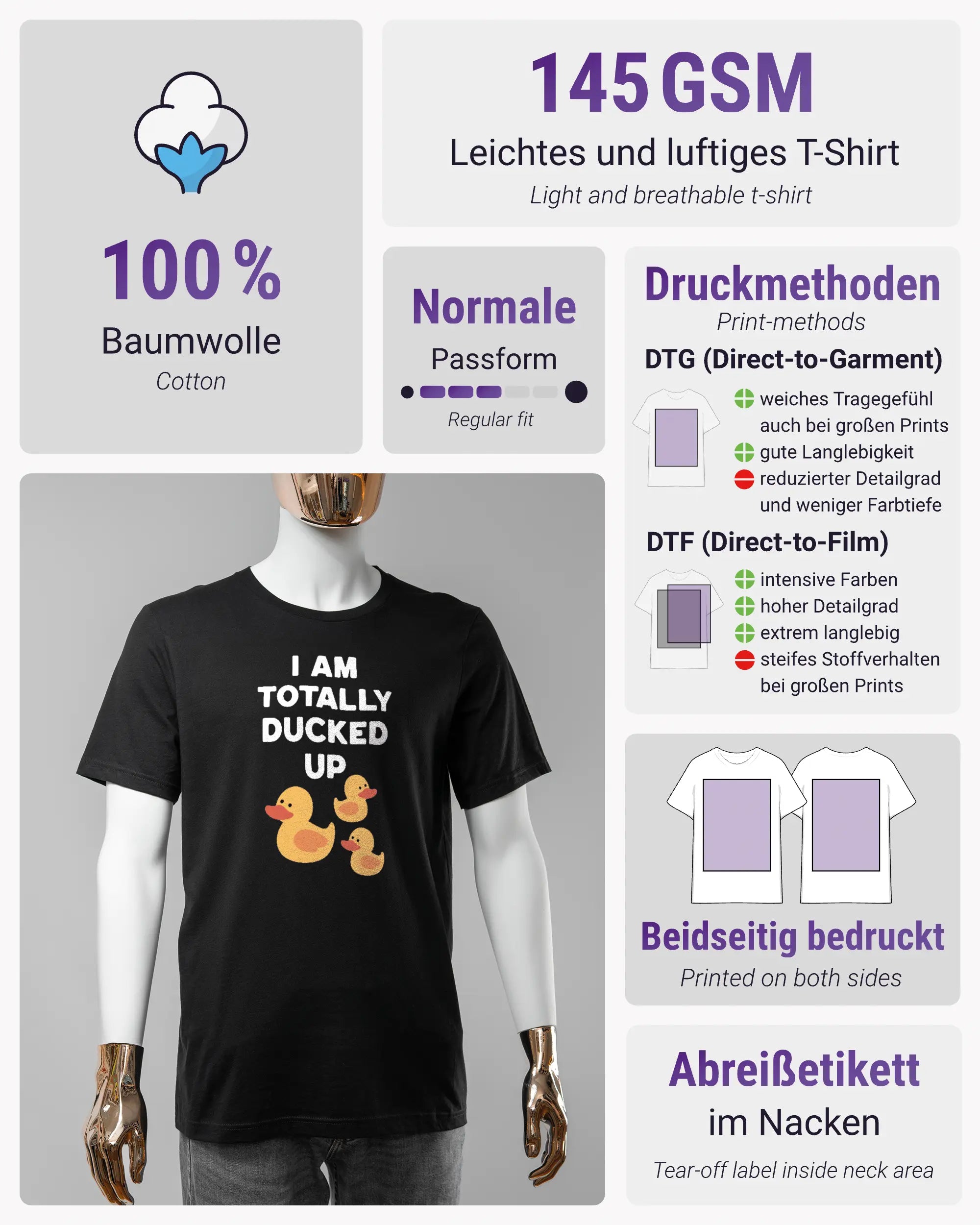 Produktinformationsblatt des Basic Unisex T-Shirt Light von Maondo mit dem Design Ducked Up vorne in der Farbe Black und in der Größe S