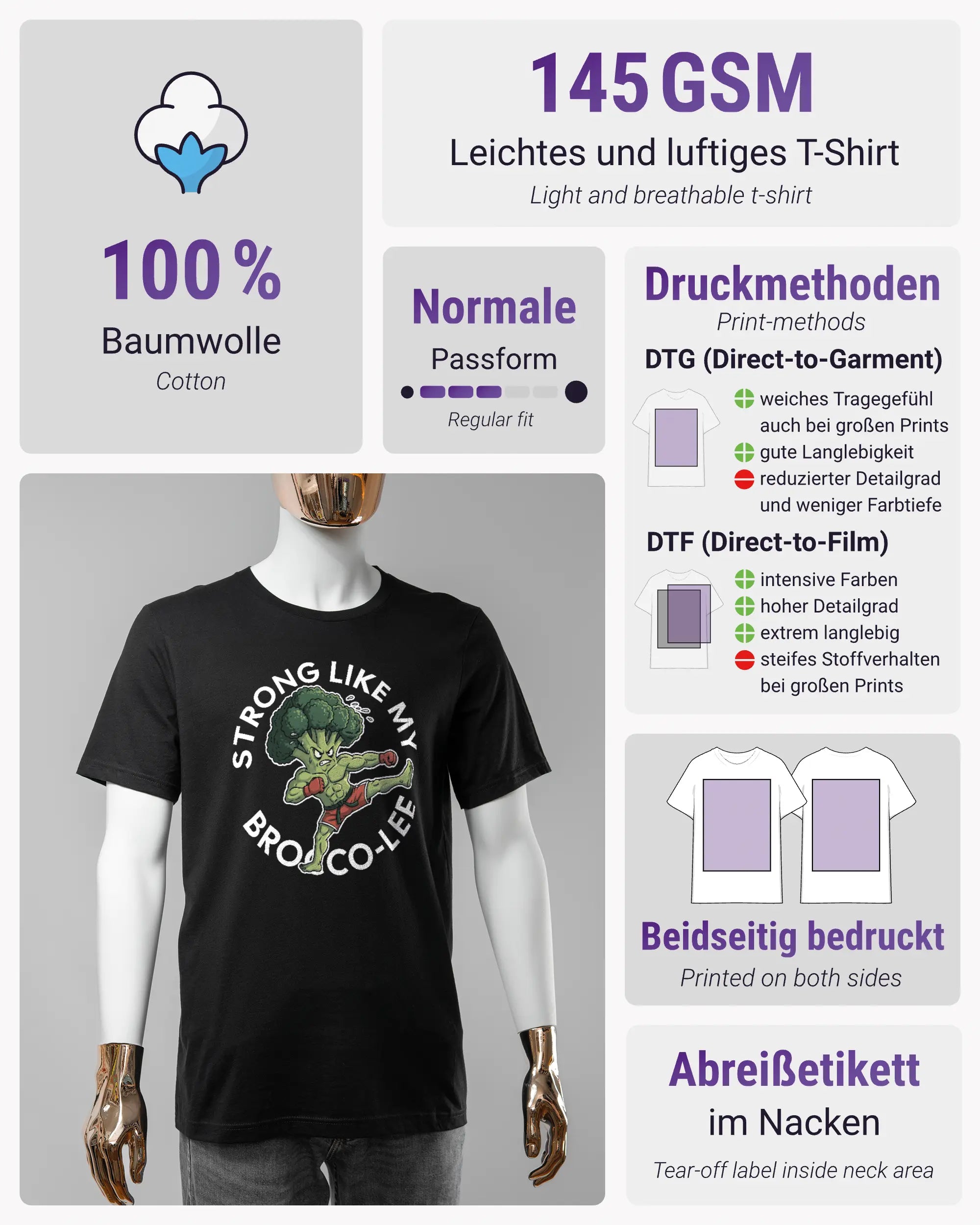 Produktinformationsblatt des Basic Unisex T-Shirt Light von Maondo mit dem Design Brocco-Lee vorne in der Farbe Black und in der Größe S