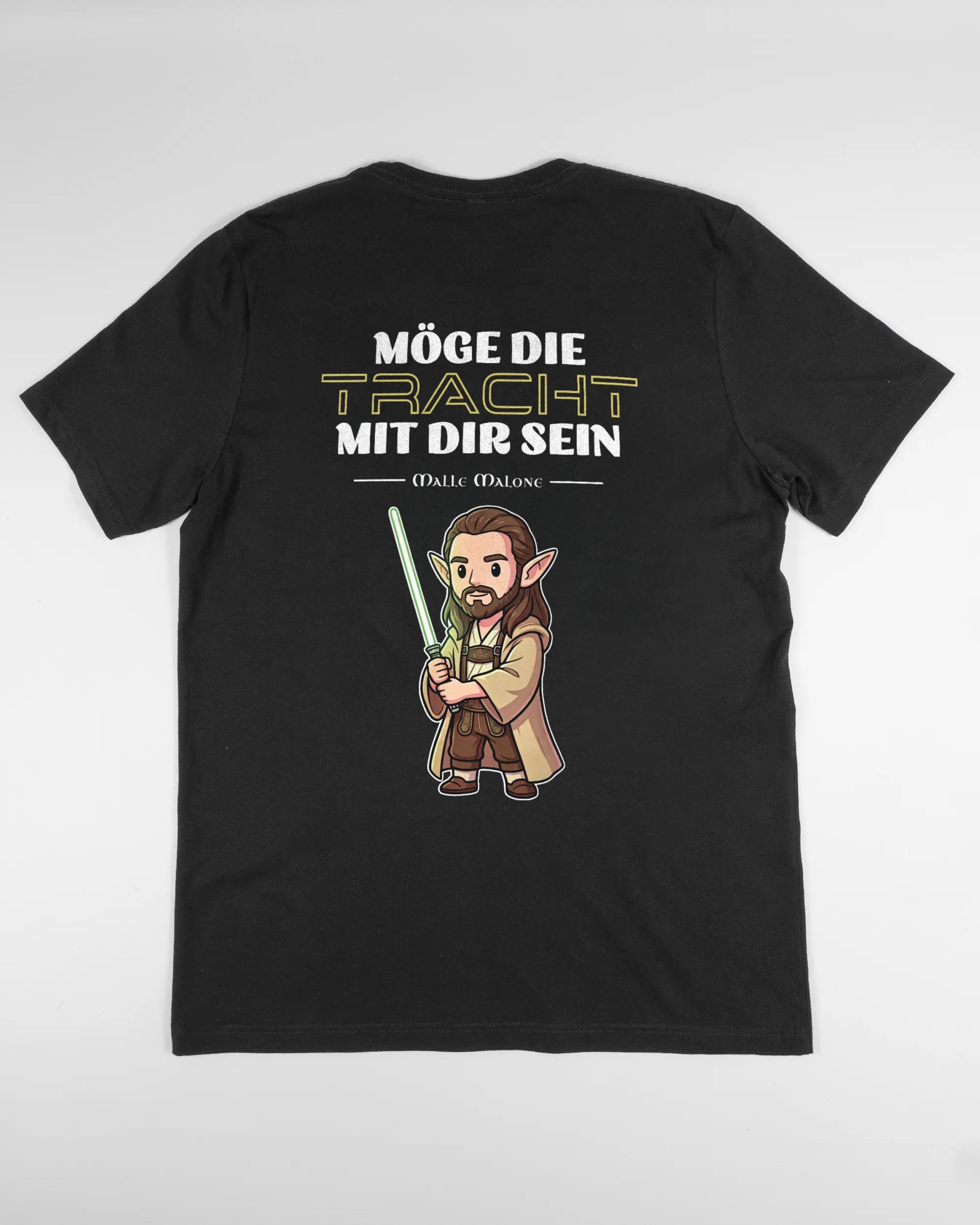 Rückseite des Basic Unisex T-Shirt Light von Maondo mit dem Design Tracht mit dir in der Farbe Black und in der Größe L flach auf den Boden gelegt