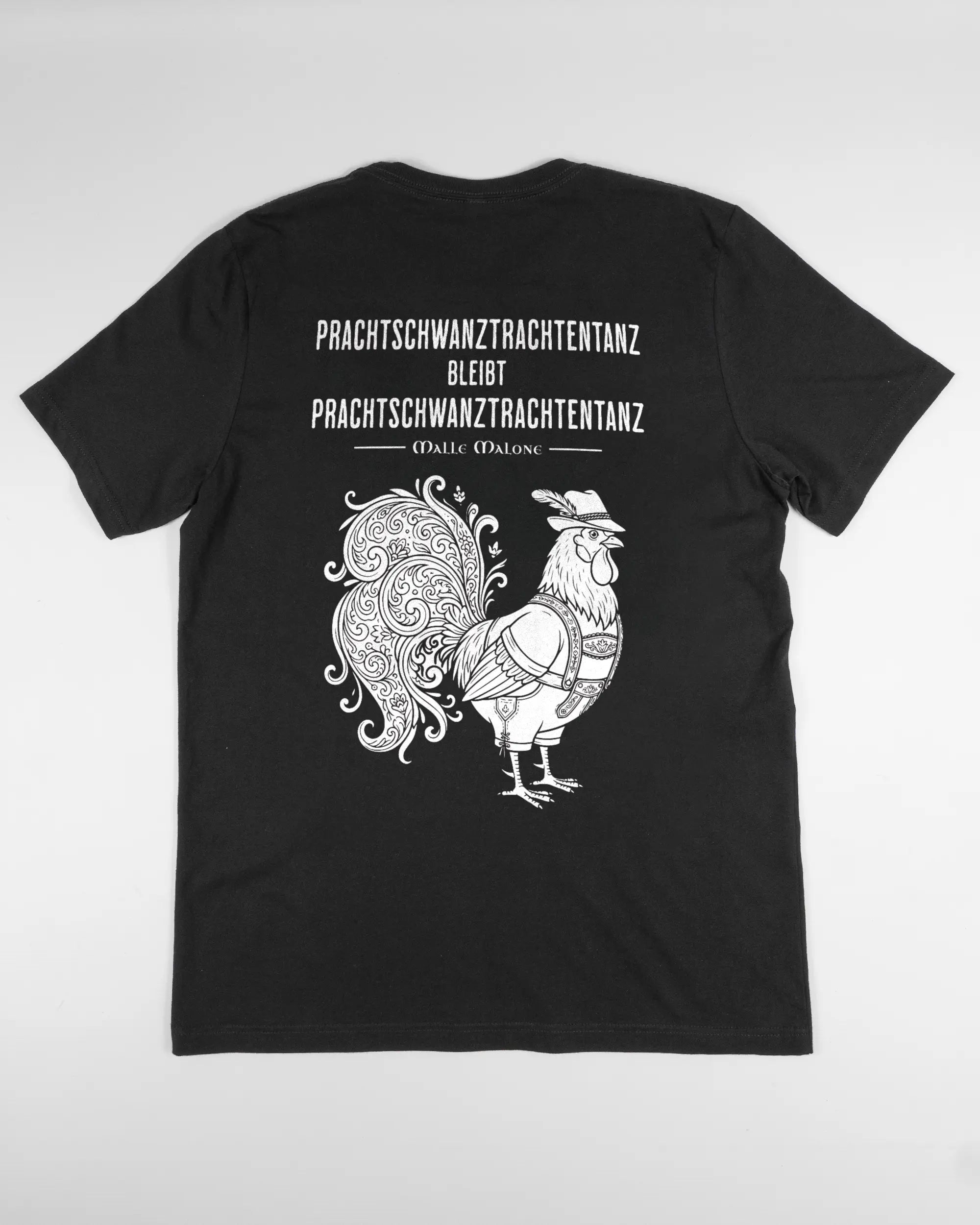 Rückseite des Basic Unisex T-Shirt Light von Maondo mit dem Design Trachtentanz in der Farbe Black und in der Größe L flach auf den Boden gelegt