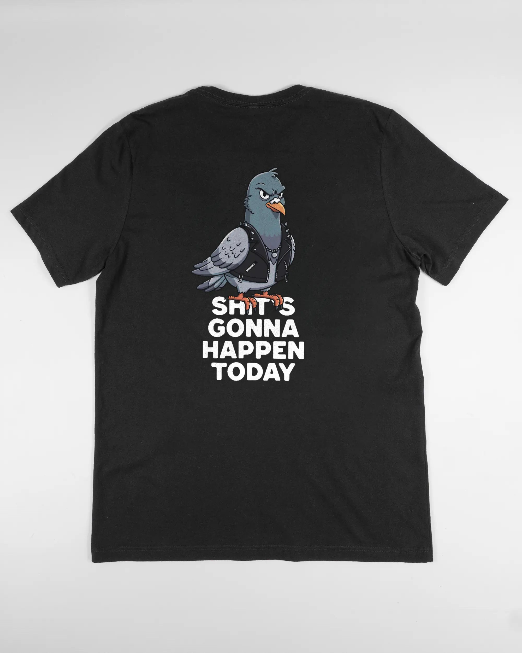 Rückseite des Basic Unisex T-Shirt Light von Maondo mit dem Design Pigeon Pun in der Farbe Black und in der Größe L flach auf den Boden gelegt