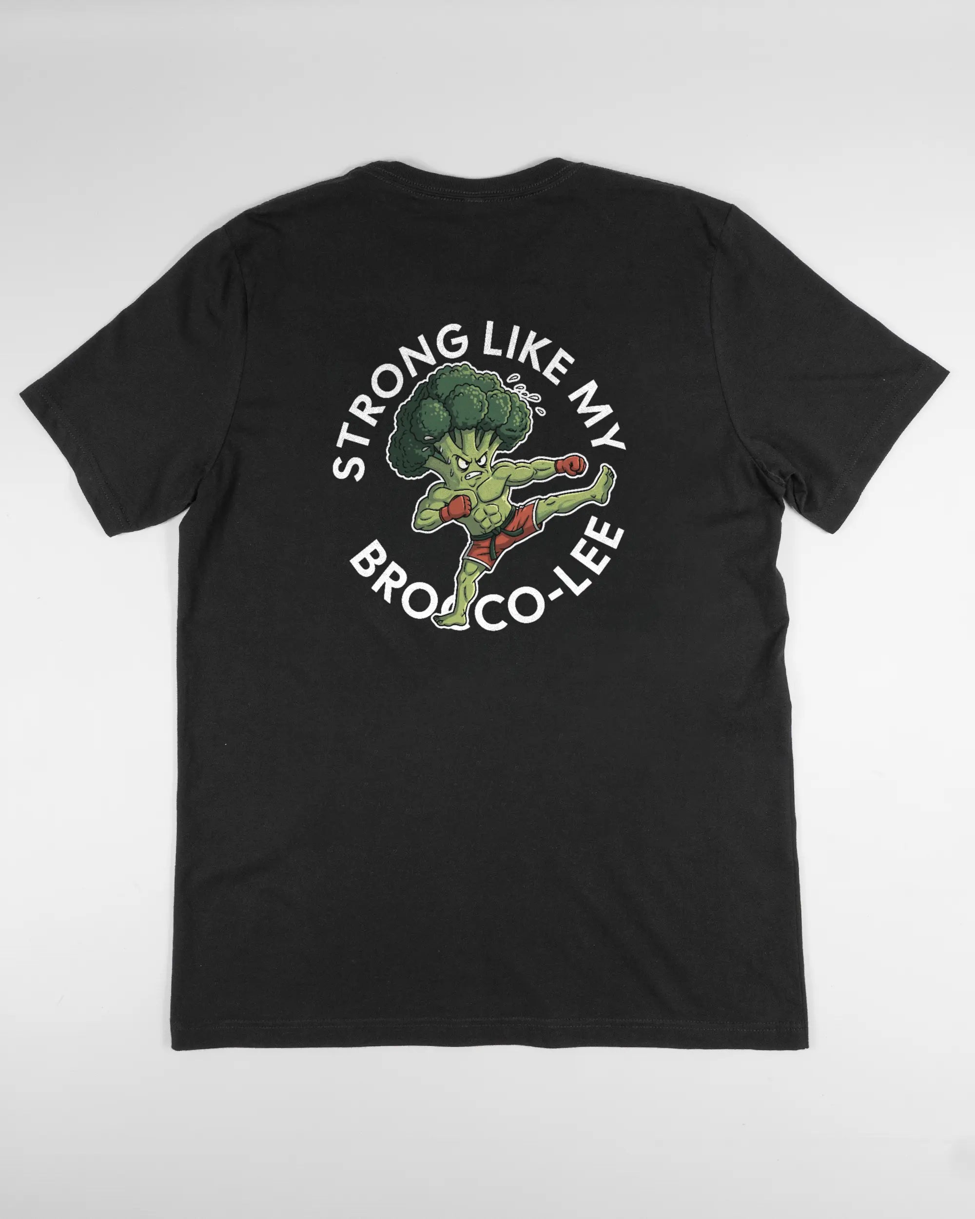 Rückseite des Basic Unisex T-Shirt Light von Maondo mit dem Design Brocco-Lee in der Farbe Black und in der Größe L flach auf den Boden gelegt