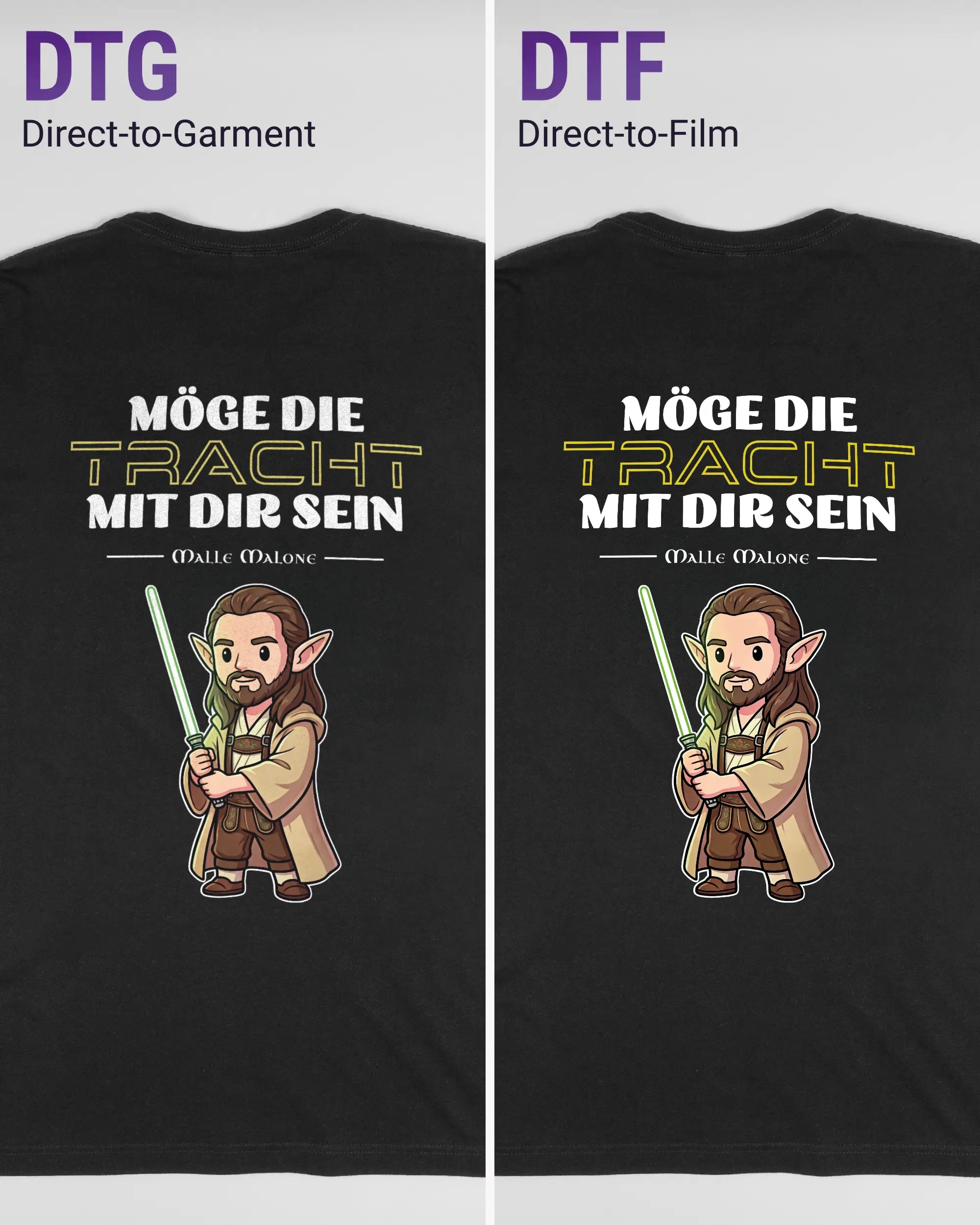 Vergleich der Rückseiten des Basic Unisex T-Shirt Light von Maondo mit dem Design Tracht mit dir in der Farbe Black und in der Größe L links mit dem Direct-to-Garment und rechts mit dem Direct-to-Film Verfahren