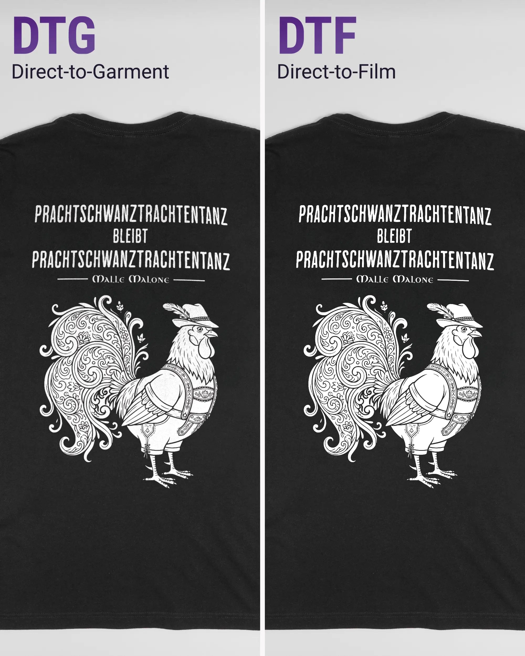 Vergleich der Rückseiten des Basic Unisex T-Shirt Light von Maondo mit dem Design Trachtentanz in der Farbe Black und in der Größe L links mit dem Direct-to-Garment und rechts mit dem Direct-to-Film Verfahren