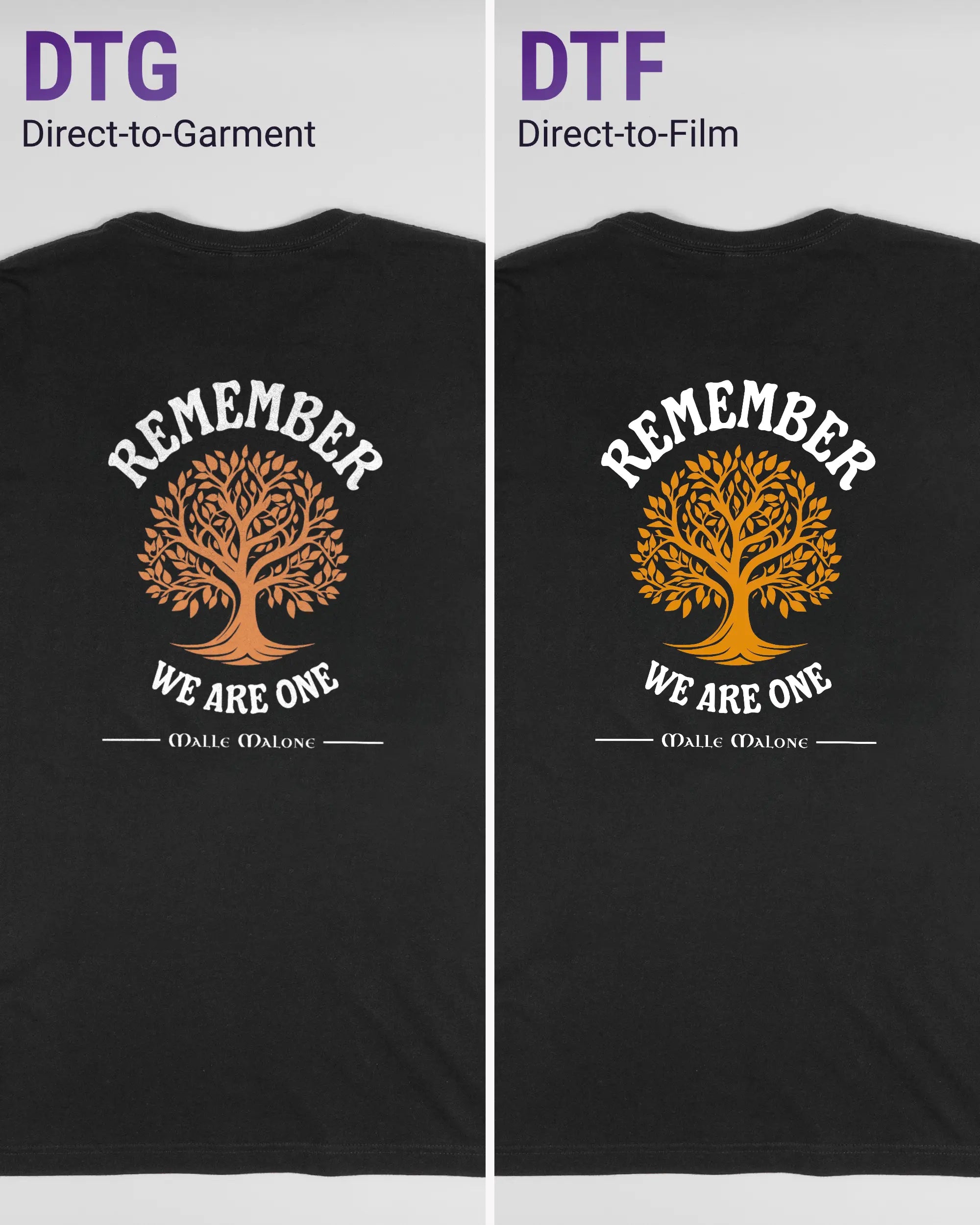Vergleich der Rückseiten des Basic Unisex T-Shirt Light von Maondo mit dem Design We are one in der Farbe Black und in der Größe L links mit dem Direct-to-Garment und rechts mit dem Direct-to-Film Verfahren