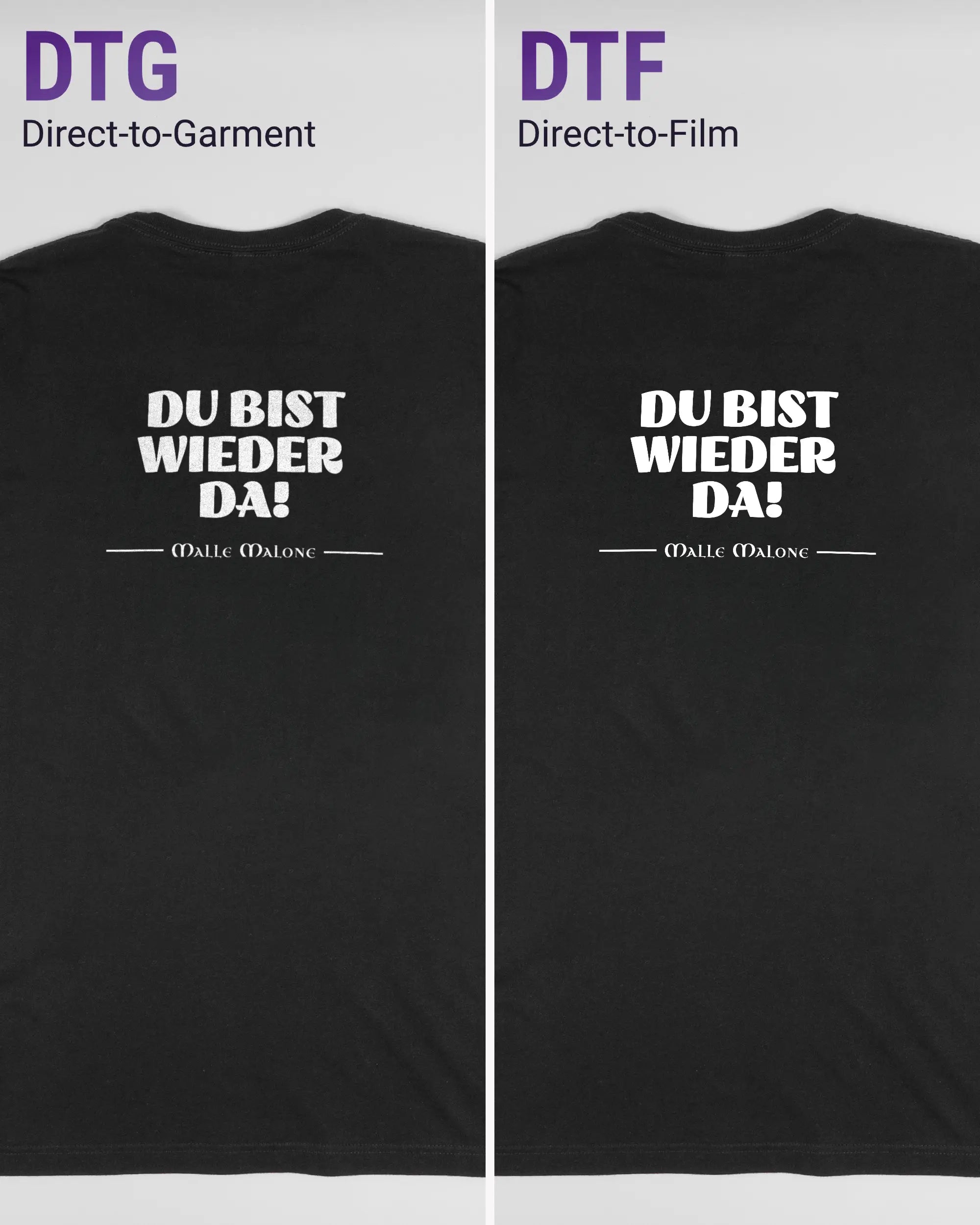 Vergleich der Rückseiten des Basic Unisex T-Shirt Light von Maondo mit dem Design Wieder da in der Farbe Black und in der Größe L links mit dem Direct-to-Garment und rechts mit dem Direct-to-Film Verfahren