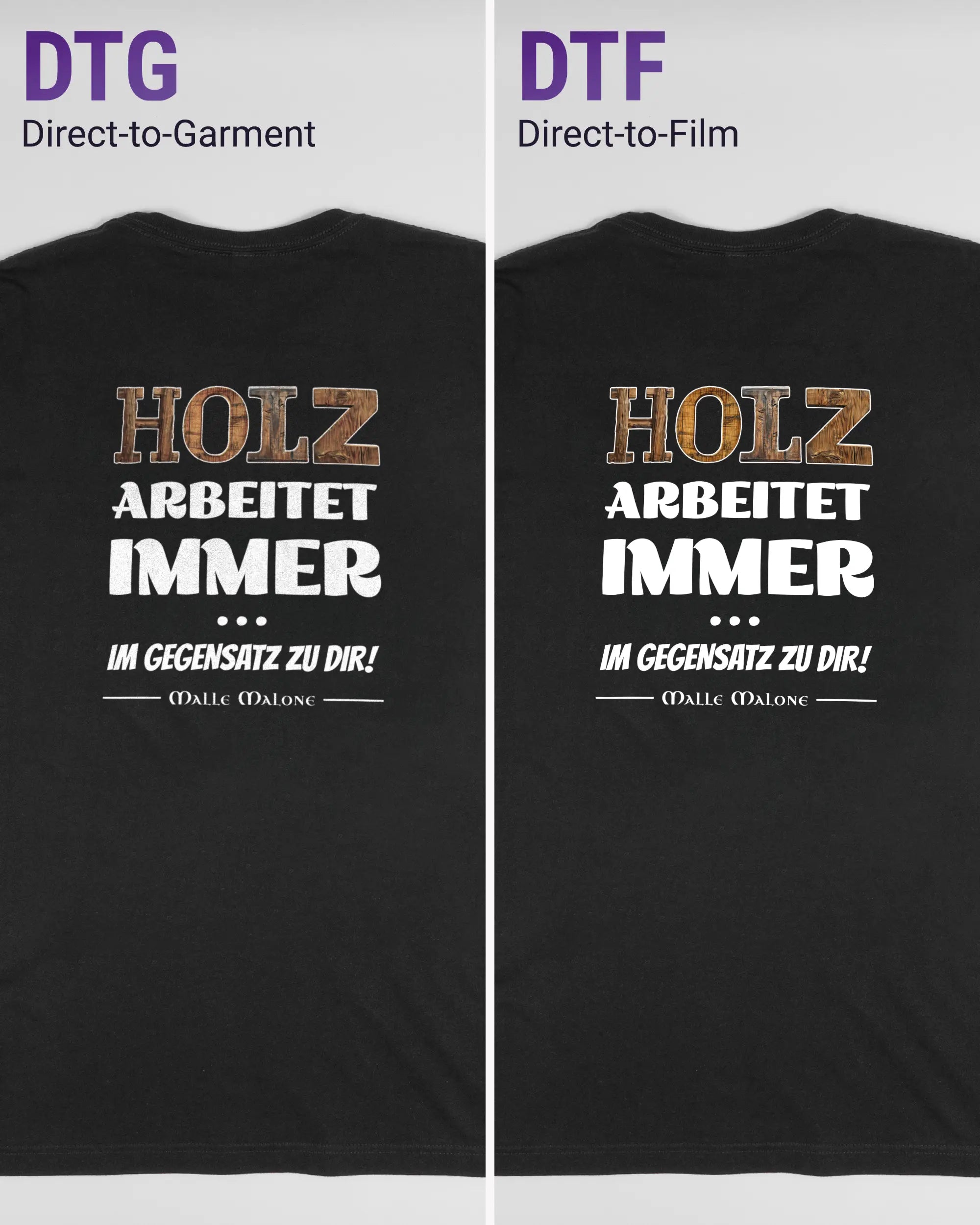Vergleich der Rückseiten des Basic Unisex T-Shirt Light von Maondo mit dem Design Holzarbeit in der Farbe Black und in der Größe L links mit dem Direct-to-Garment und rechts mit dem Direct-to-Film Verfahren