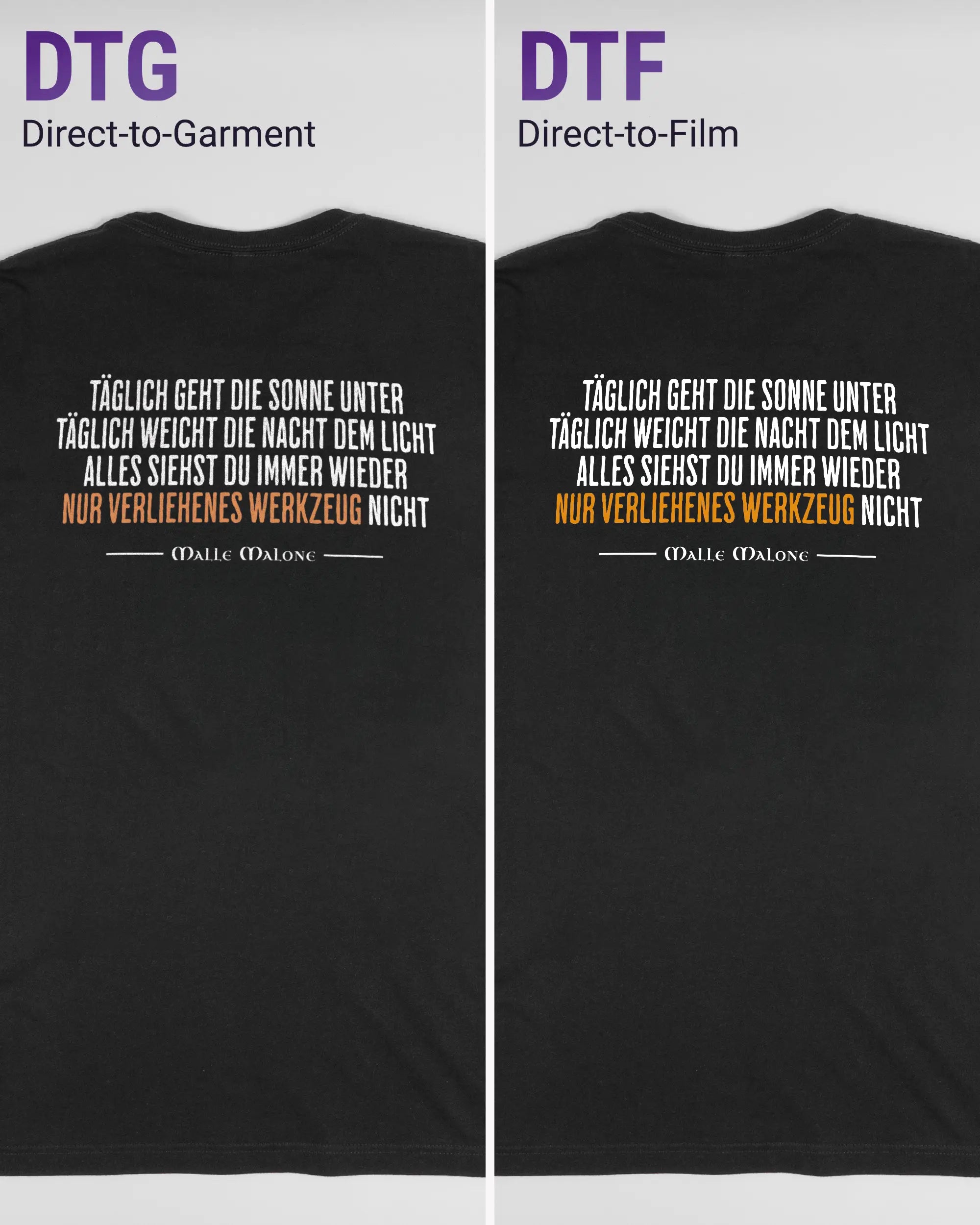 Vergleich der Rückseiten des Basic Unisex T-Shirt Light von Maondo mit dem Design Wegzeug in der Farbe Black und in der Größe L links mit dem Direct-to-Garment und rechts mit dem Direct-to-Film Verfahren
