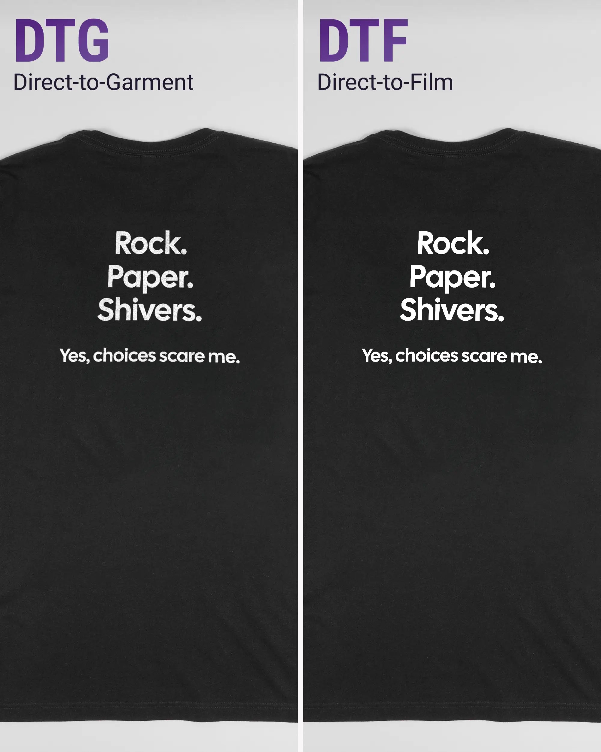 Vergleich der Rückseiten des Basic Unisex T-Shirt Light von Maondo mit dem Design Rock Paper Shivers in der Farbe Black und in der Größe L links mit dem Direct-to-Garment und rechts mit dem Direct-to-Film Verfahren