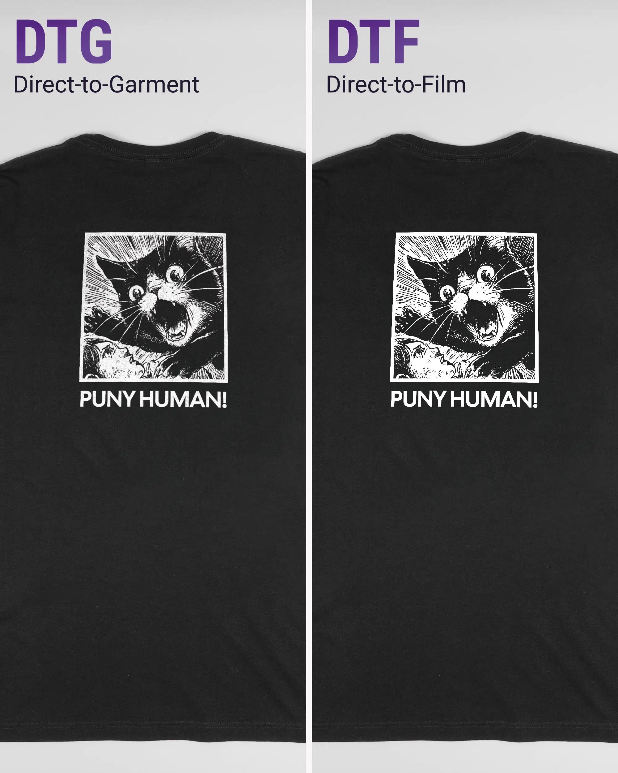 Vergleich der Rückseiten des Basic Unisex T-Shirt Light von Maondo mit dem Design Puny Human in der Farbe Black und in der Größe L links mit dem Direct-to-Garment und rechts mit dem Direct-to-Film Verfahren